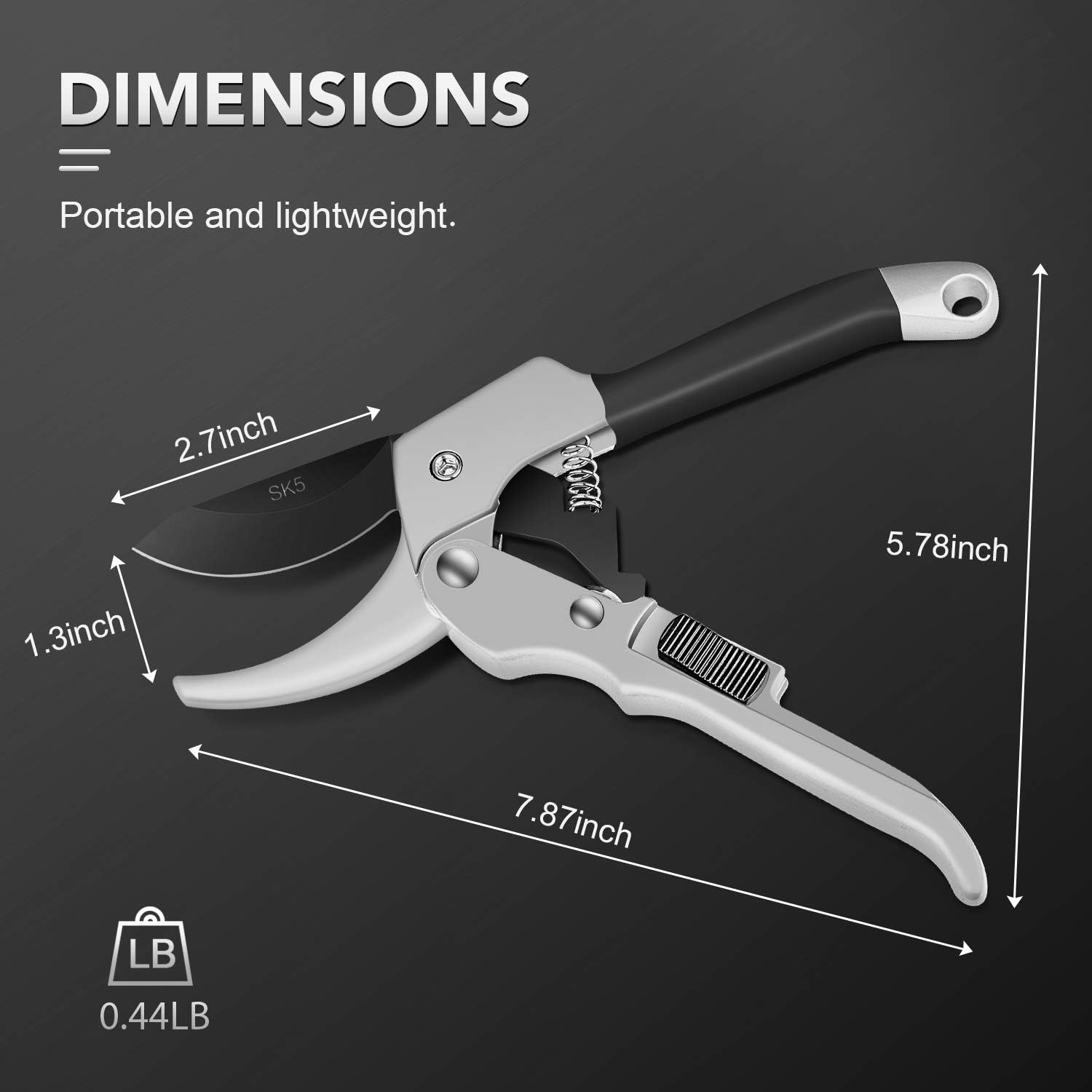 Diagram showing the dimensions of the iPower pruning shears: 7.87 inches length, 2.7 inches blade length, 1.3 inches blade opening, 5.78 inches handle length, and 0.44 lbs weight.