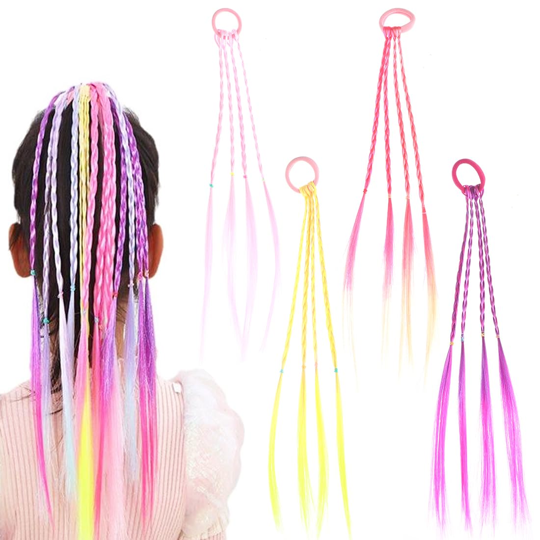 RAMGLYO 8 Pcs Multicolor Kids Rainbow Hair Extensions, 15.3'' Length, Clip-In, Braid Style
