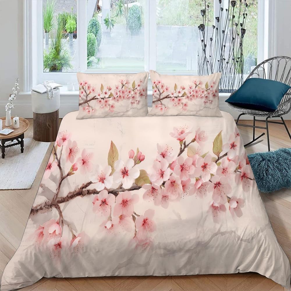 Funda Nordica Cama 105 Juvenil Flor de Durazno Rosa Funda Edredon 200x200 Flores de Primavera 3D Fundas de Edredón Microfibra Ropa de Cama de 3 Piezas con Cremallera y 2 Fundas de Almohada K-1552