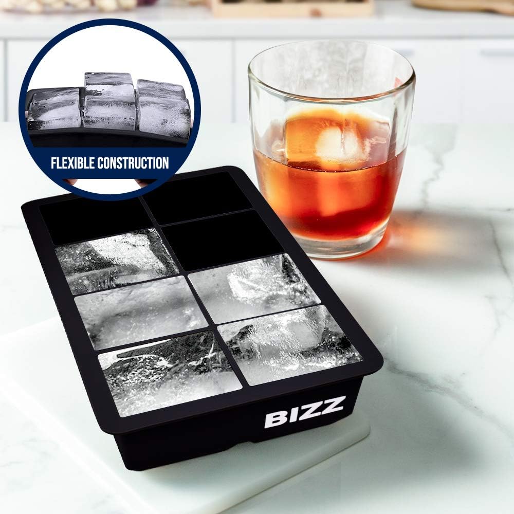 Bizz Large Ice Cube Mold Tray, Square Shaped Cavities-2 Pack-Big Ice Cubes Perfect for Whiskey, Bourbon, Cocktails, Popsicle Making, Everyday Use, Parties-Reusable, Food Grade Silicone, BPA Free