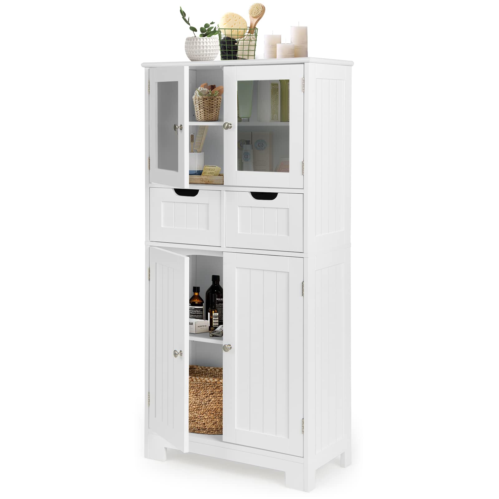 GIANTEX Armario de Almacenamiento con Puertas, Independiente con 4 Puertas, 2 Cajones & Estantes Ajustables, Multifuncional para Cocina, Baño, Sala de Estar (Blanco)