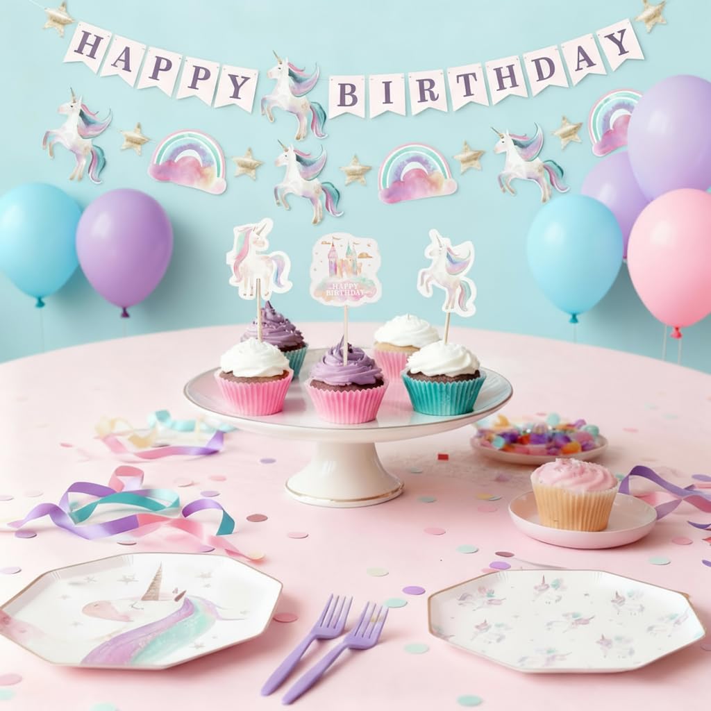Platos de unicornio, servilletas y 2 pancartas preencordadas, juego de fiesta de 66 piezas, sirve 16 platos octogonales de acuarela, servilletas arcoíris + pancarta de feliz cumpleaños y