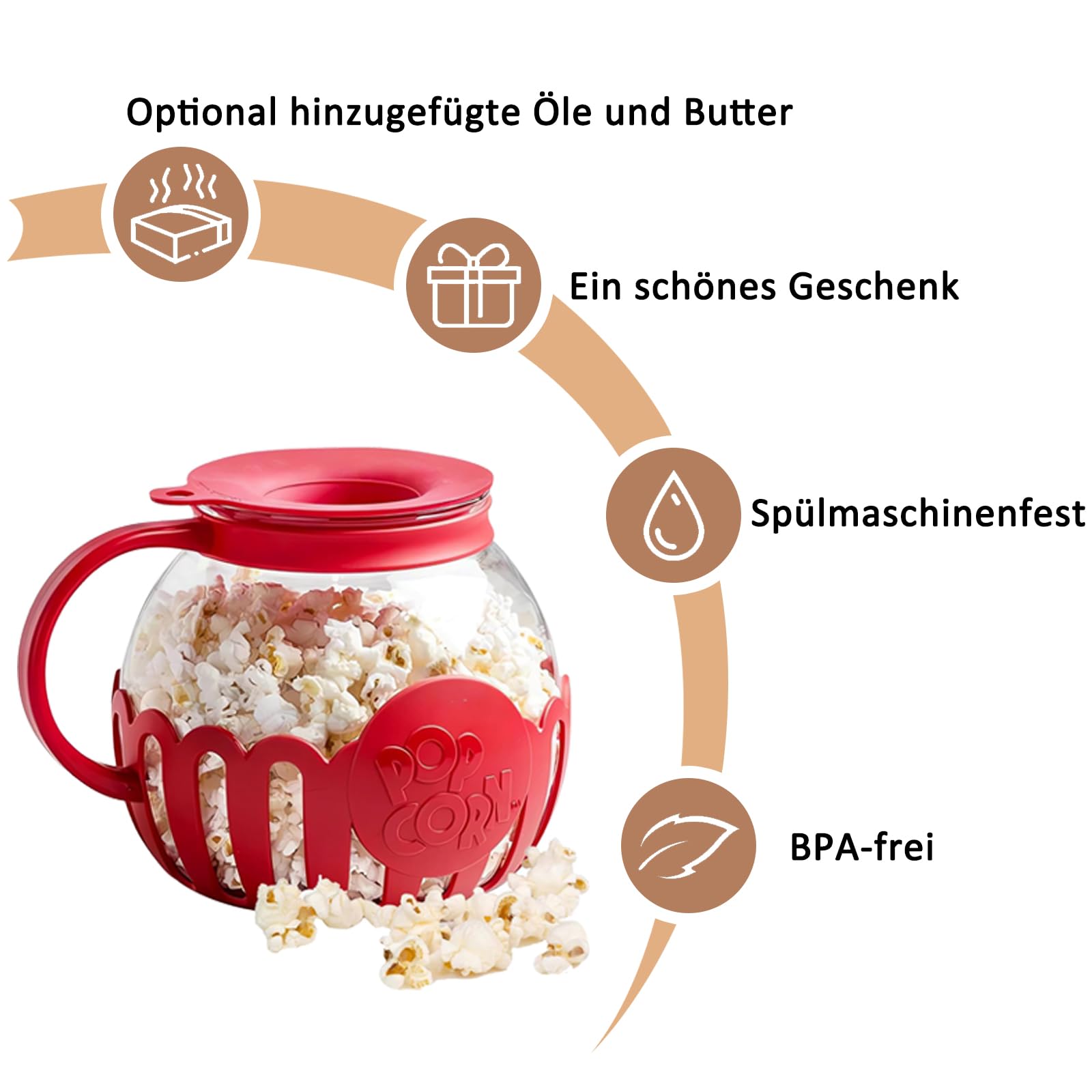 Kuchenka mikrofalowa, słoik na popcorn z pokrywką, 2,13 l, nadaje się do zmywarki, na spotkania, imprezy, piknik, czerwony