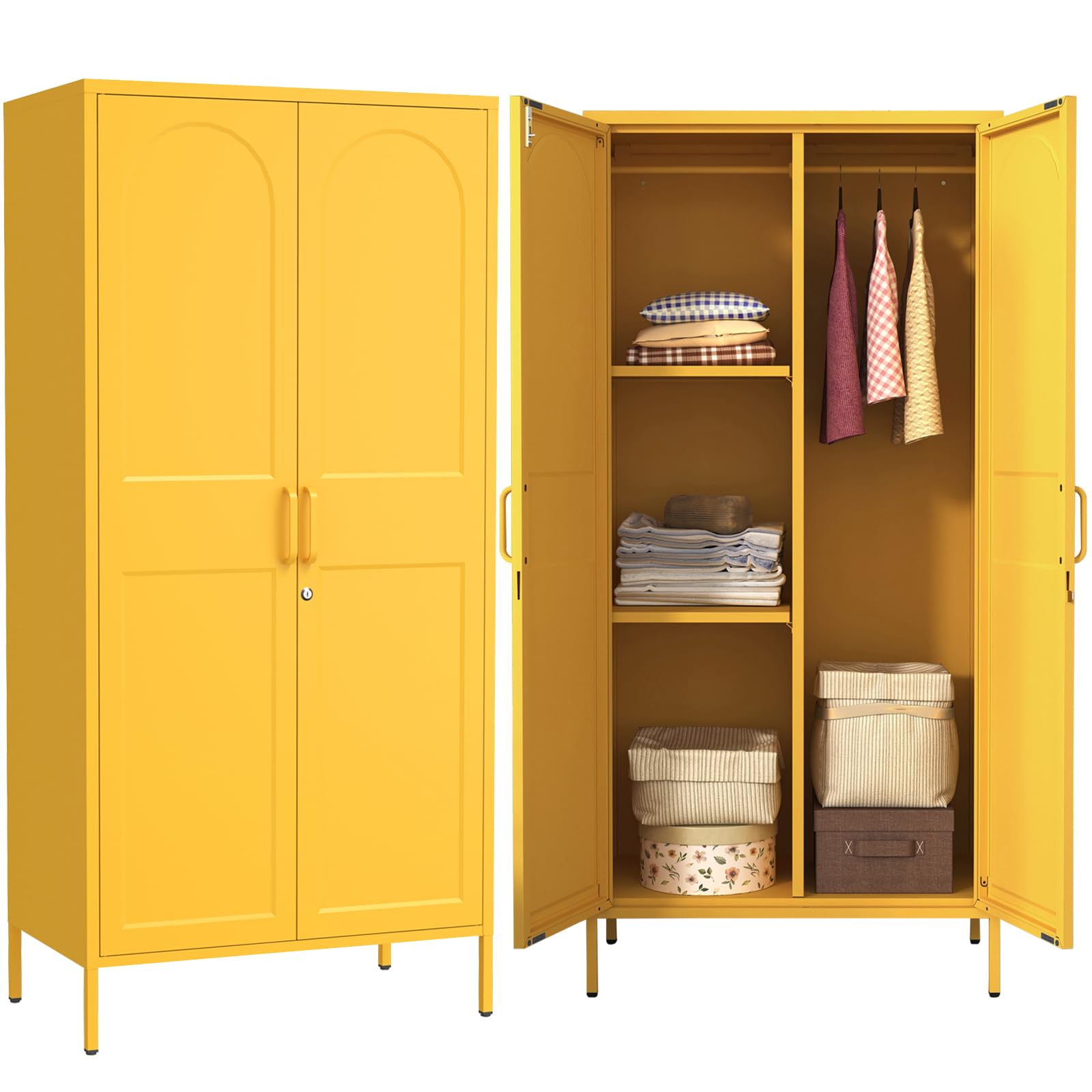67" Metal Wardrobe Cabinet Yellow 2 Door With Lock Freestanding Closet With Hanging Rod and Adjustable Shelves Multifunctional Storage Cabinet Home