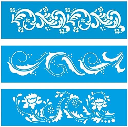 Set of 3 - 28cm x 8cm Reusable Flexible Plastic Stencil for Graphical Design Airbrush Decorating Wall Furniture Fabric Decorations Drawing Drafting Template - Leafy Leaves Pattern
