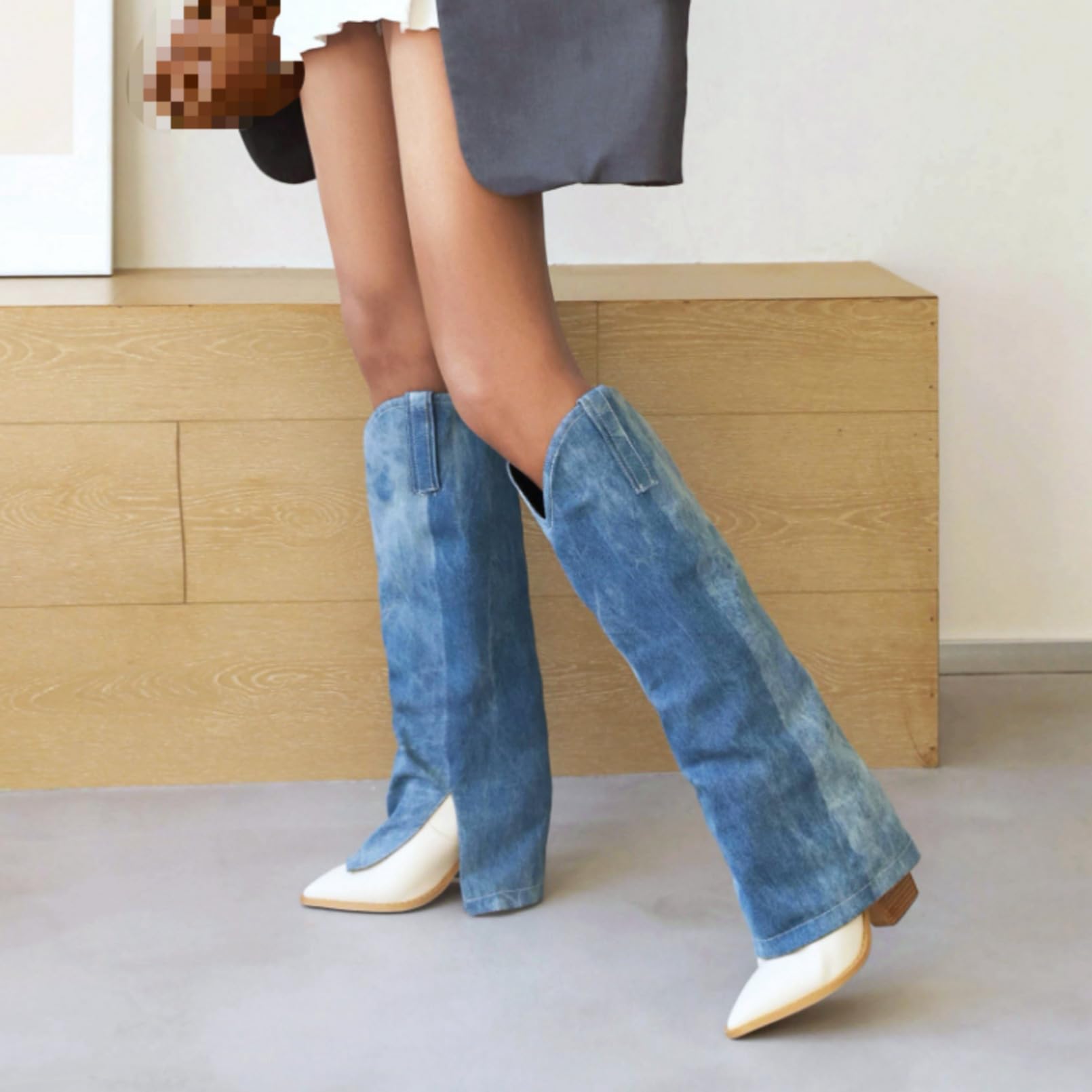 Mujer Botas Altas De Jeans Patrón Corte Aberturas Botas Largas De Montar Denim Slip-On Cowboy Tacón Alto Punta Puntiaguda Botas De Pantorrilla Ancha Elásticas Invierno
