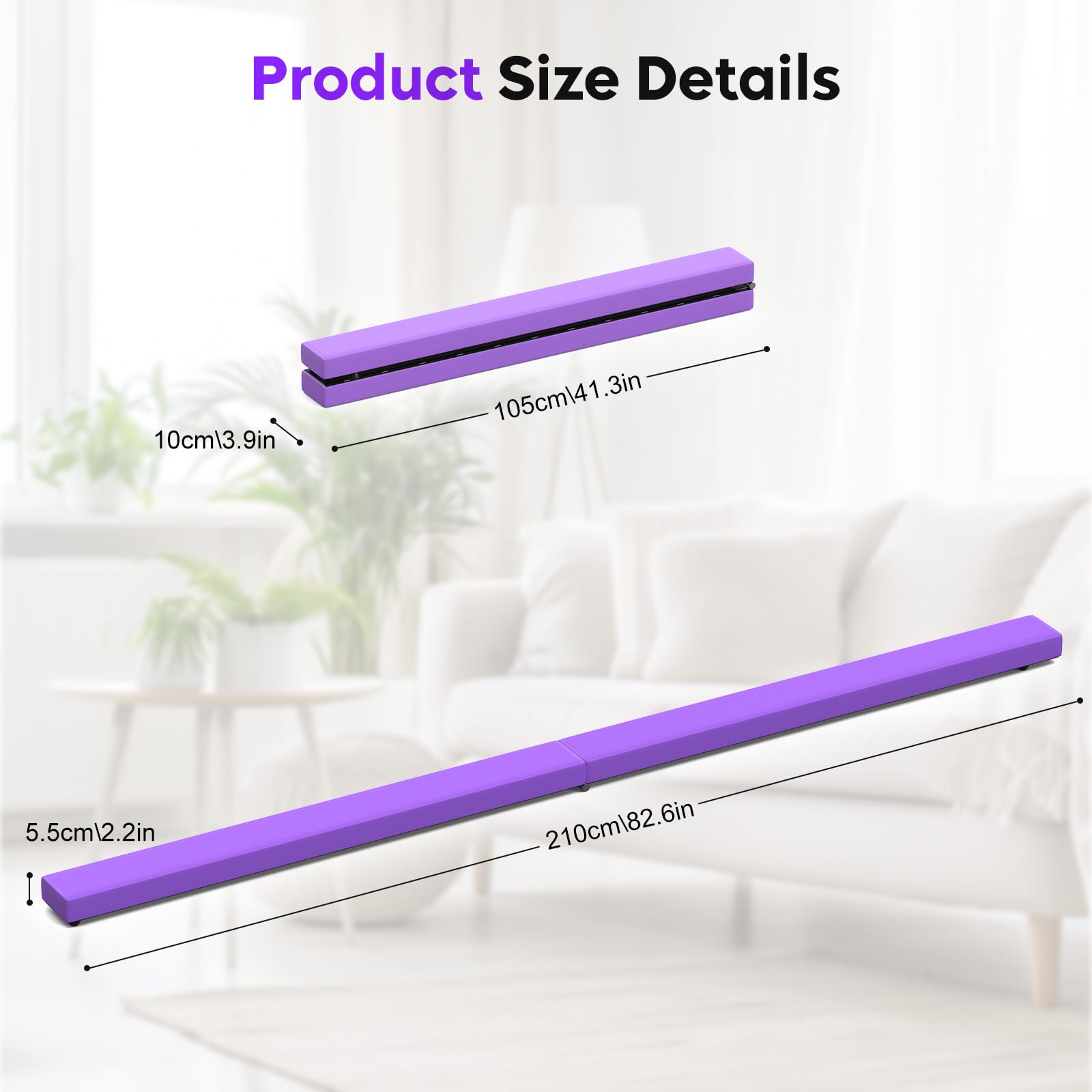 Barra de equilibrio de cuero para gimnasia, barra de gimnasia morada, 2,1 m, gamuza sintética, plegable, equipo de gimnasia para gimnasio en casa, entrenamiento, ejercicio, deportes, regalo de