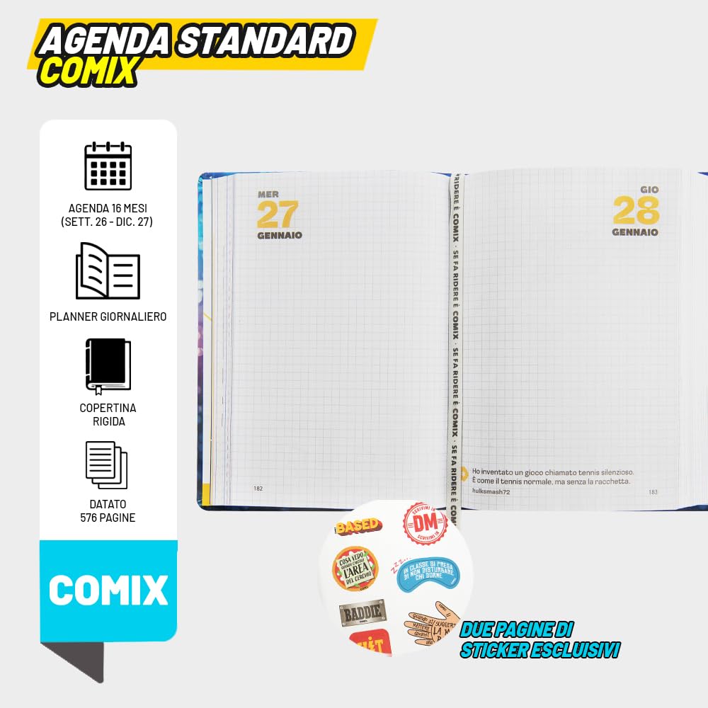 COMIX - Agenda 2027 Giornaliera 16 Mesi, Diario per Scuole Medie e Superiori, con Copertina Rigida, 576 Pagine con Grafiche e Fumetti, Ideale per Ragazzi e Ragazze, 13x17,8 cm