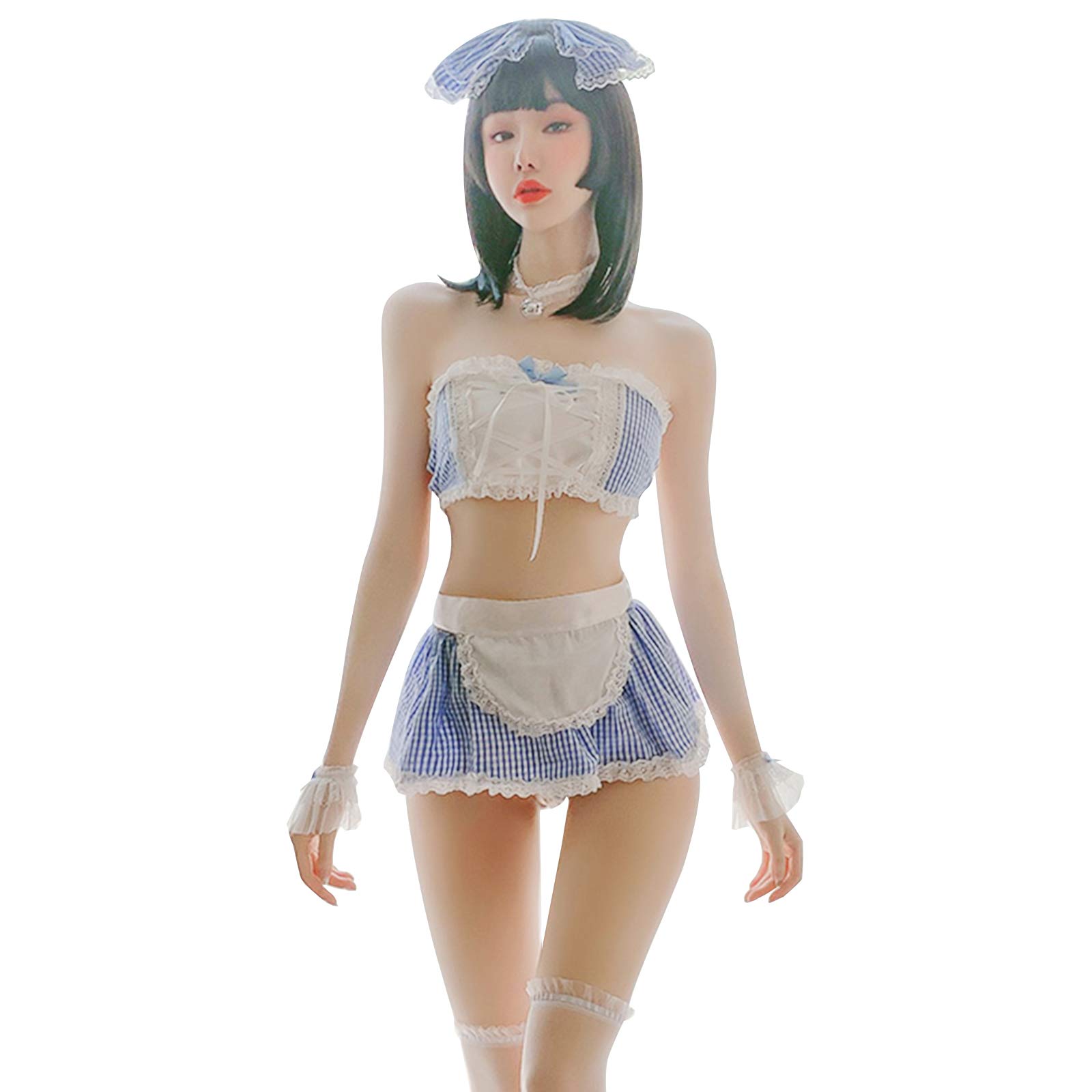 YOMORIO Anime Maid Uniform Cute Bule White Tartan Lingerie Sexy Cosplay Costume - Blue