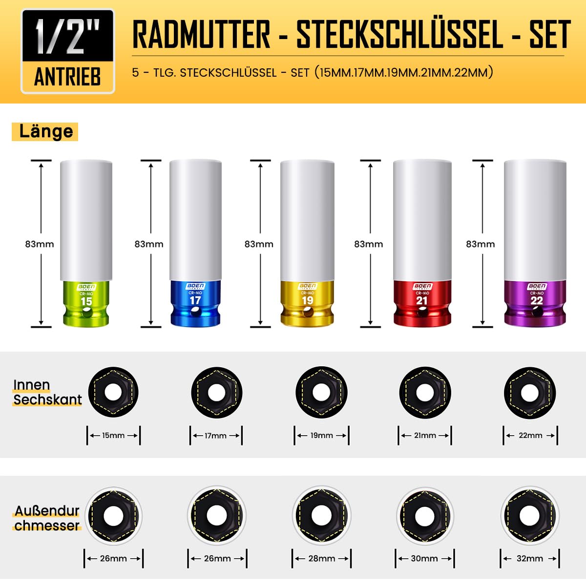 1/2" Antrieb Schlagschrauber Nüsse set, 5-teilig, Metrisch(15 17 19 21 22 mm), Cr-Mo Schonnüsse Set, Dünnwandig für Alufelgen Radwechsel mit Felgenschutz, 6-Punkt, farbig elektroplattiert