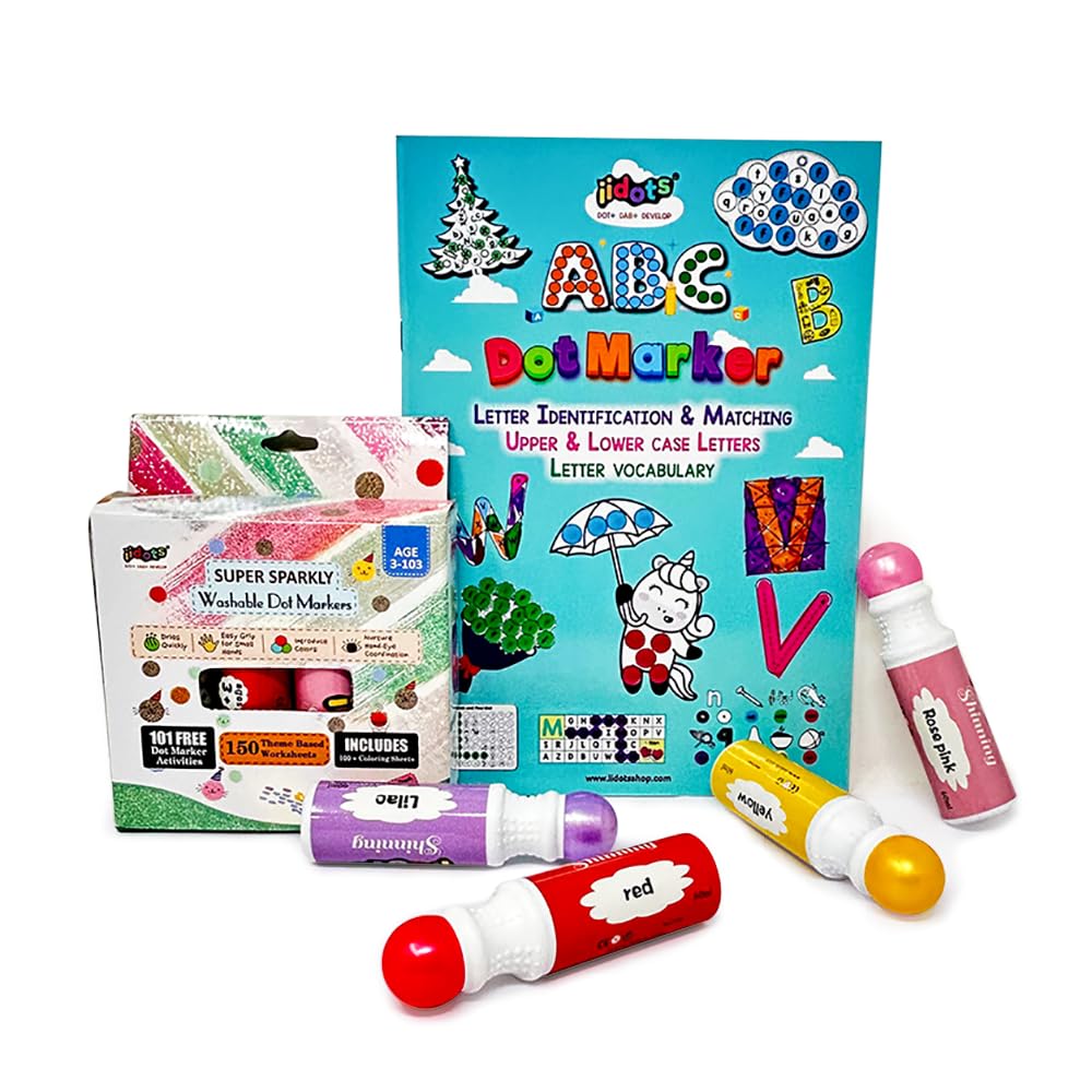 IIDOTS Washable Dot Markers Shimmer 4 Color With ABC Book, 350+ Theme E- Sheet For Kids, Pre School Children, 3+ years old - (4 Marker) (B09RZWWLVN) Amazon Price History, Amazon Price Tracker