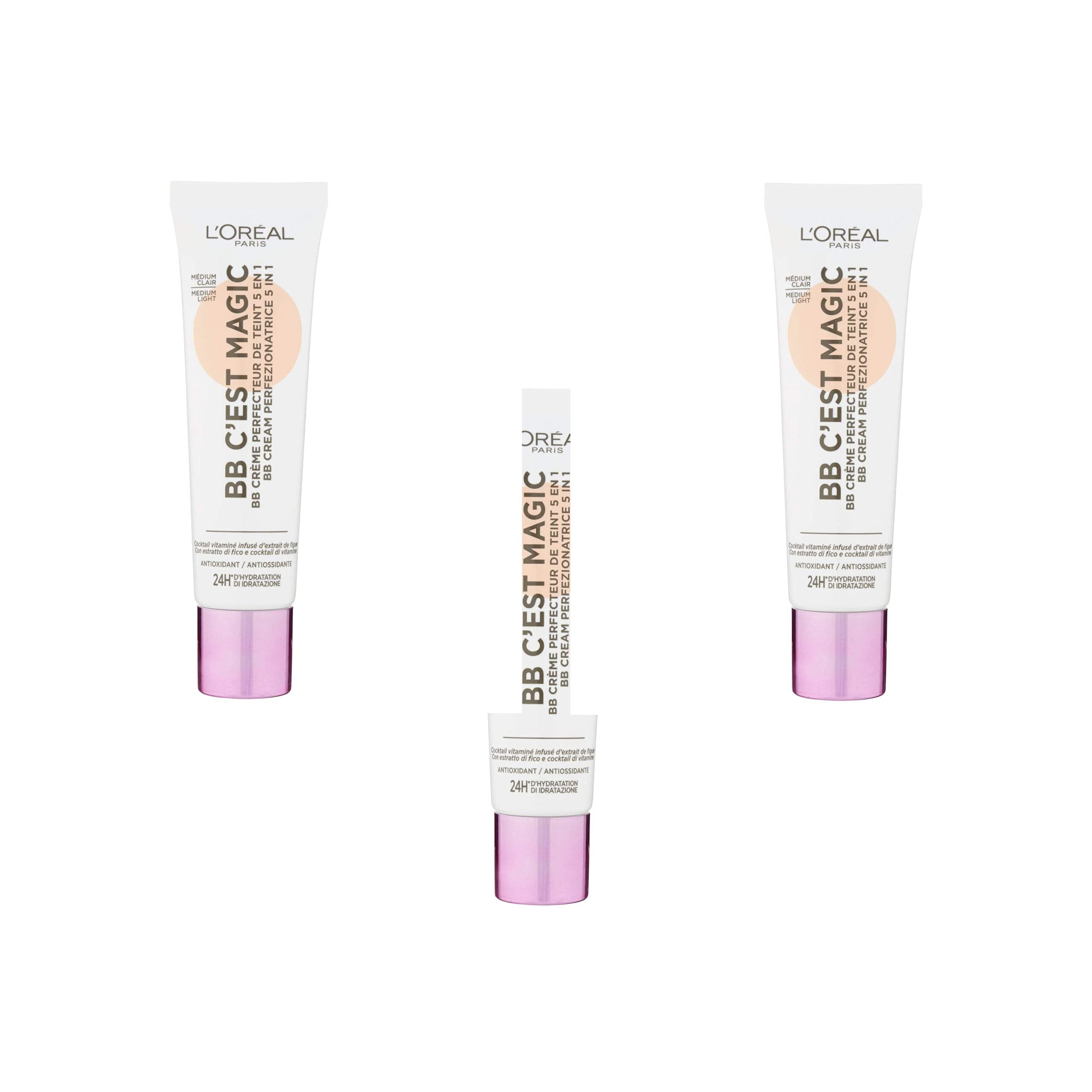 L'Oréal Paris BB Cream 5 in 1 C'est Magic Perfettore universale per l'incarnato Idratazione 24H/FPS 20 Medium Light, Set di 3