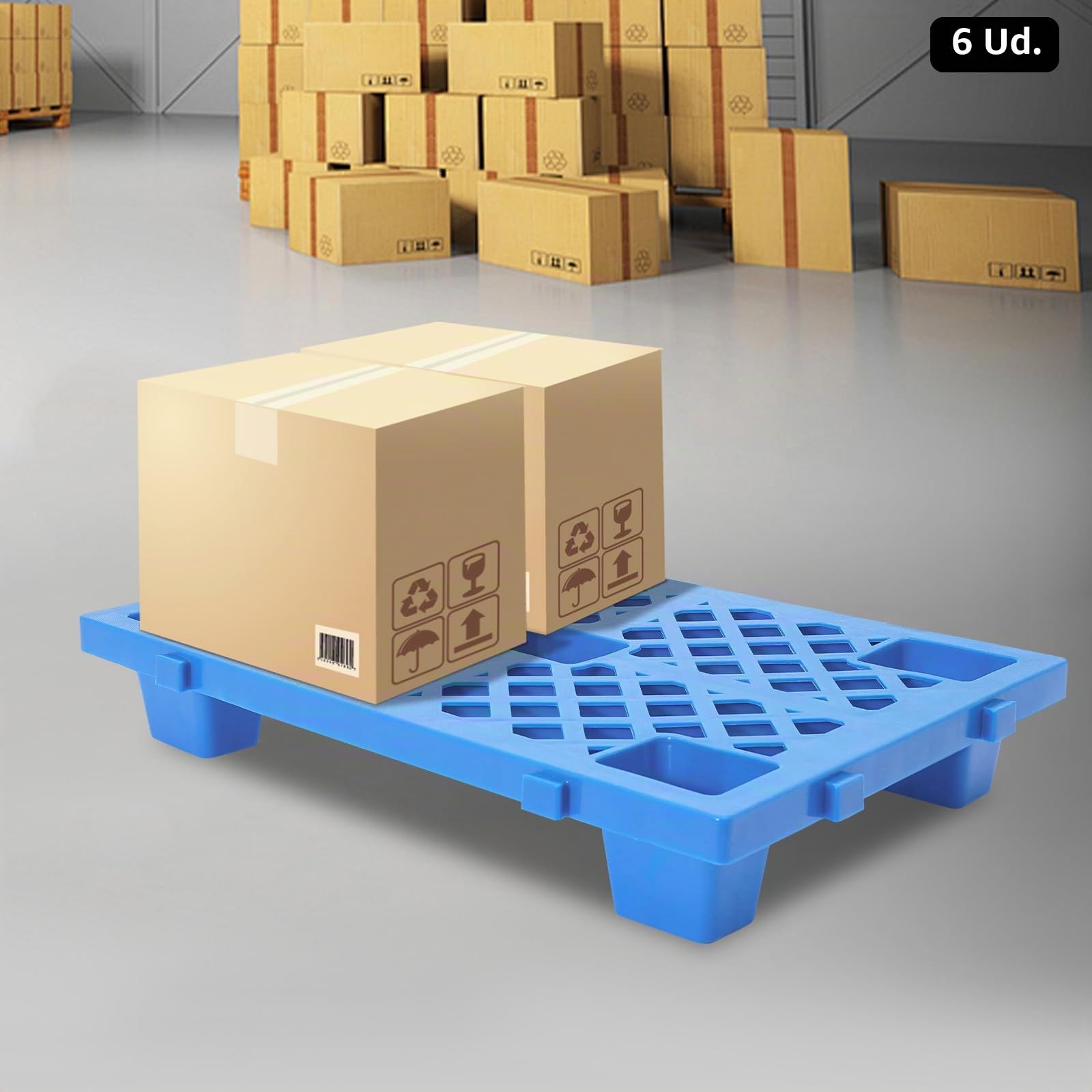 Paleta ligera, 6 paletas de plástico, universal, 60 x 40 x 10 cm, rectangular, para exteriores, cocina, balcón, trasteros, hasta 100 kg (azul)
