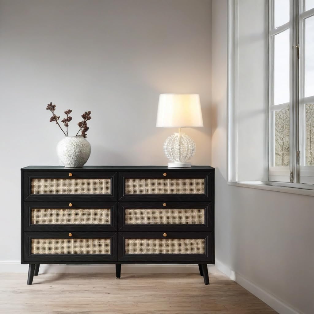 Solid Mango Wood Chest of Drawers with 6 Storage Drawers | Rattan Front Wooden Dresser Cabinet Organizer for Bedroom, Living Room, Hallway, Entryway and Home Furniture (Z Black Finish)-image-8