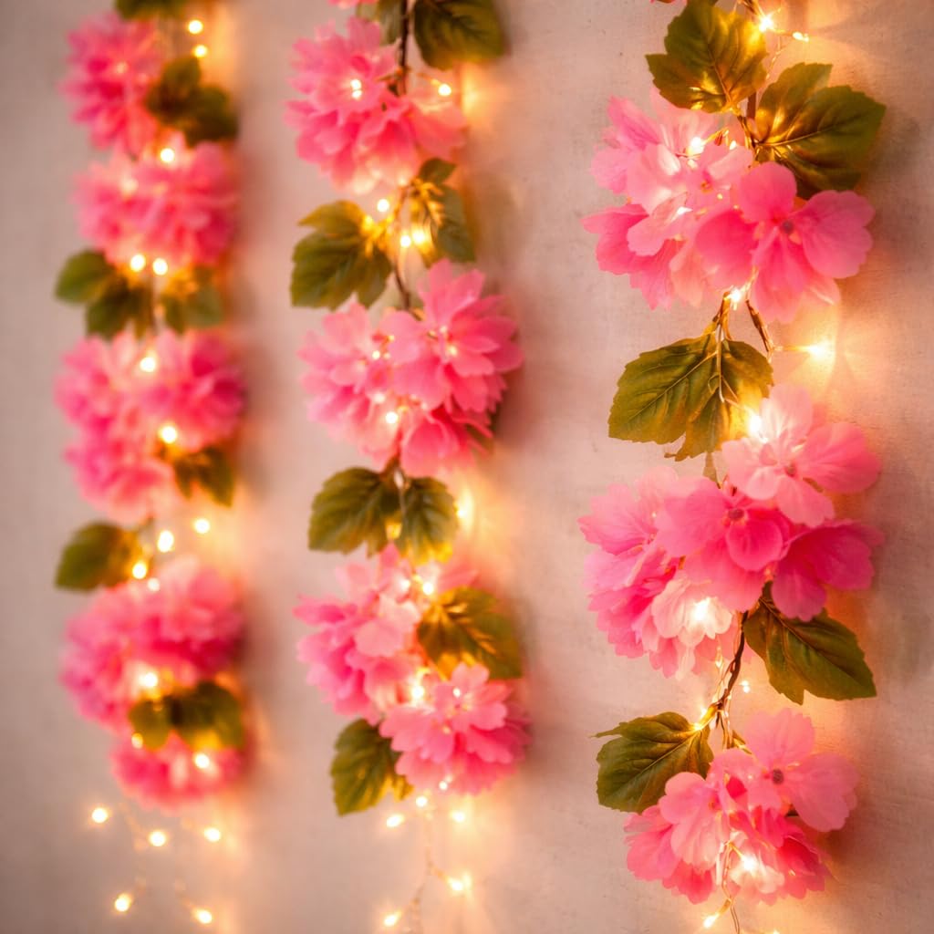 Akaar Decor's Artificial Money Plant/Hydrangea String with Light for Home Decor | Office Decor | Hanging Vine Creeper with Light | Door Wall Balcony Decor | Party Festival (Rani Pink Hydrangea)