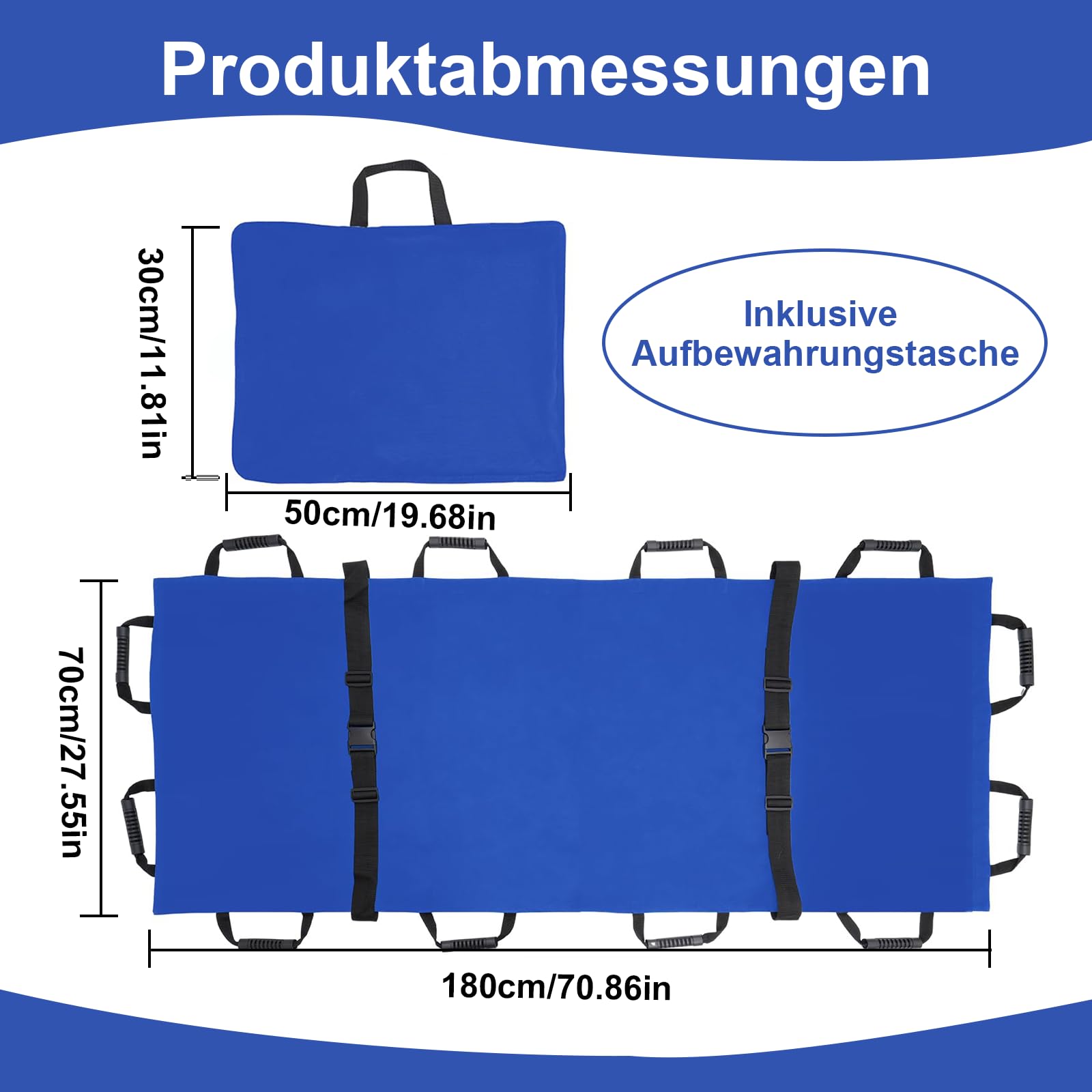 Rettungstuch Krankentrage Oxford Faltbare Trage mit Griffen Sicherheitsgurte und Schultergurte für Krankenhäuser Kliniken Sportstätten Krankenwagen(180 x 70 cm)