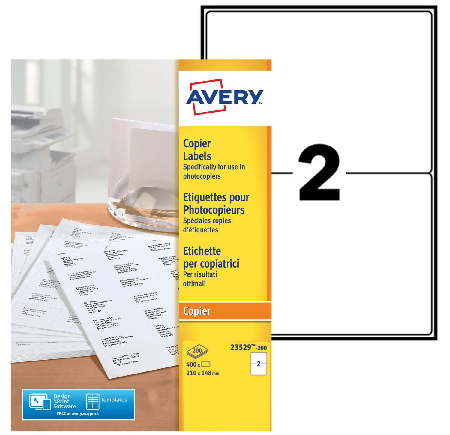 AVERY - Boite de 400 étiquettes autocollantes multi-usages, Format 210 x 148 mm, Impression copieur, (23529-200)