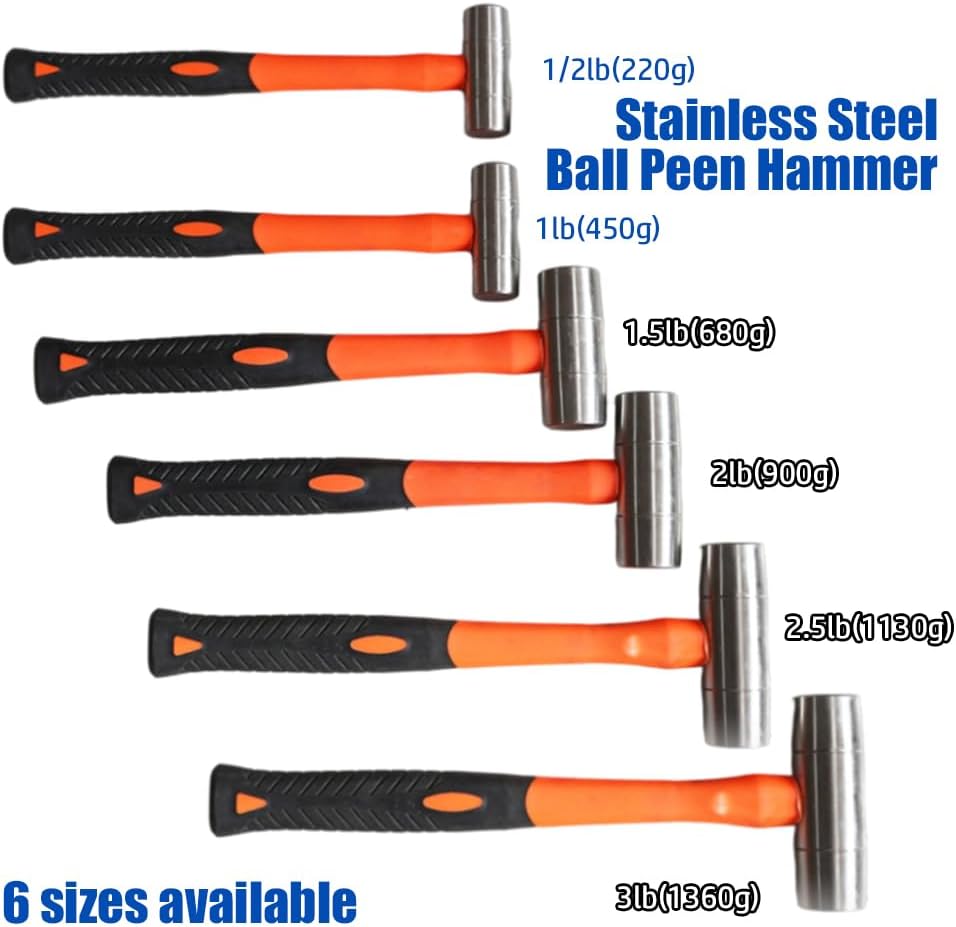 Nixalith Stainless Steel Ball Peen Hammer - 2lb(900g), Ball Pein Hammer With Fiberglass Handle,Length 330mm,Low-magnetic,Corrosion Resistant Drilling Hammer,Waterproof