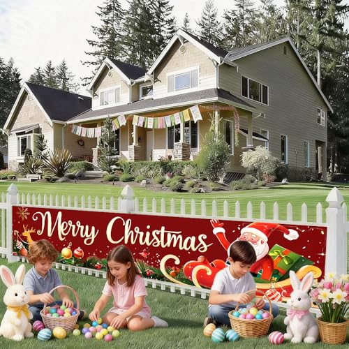 Image of Christmas Sleigh Outdoor Banner 78.7 x 17.7 Inch Santa with Gifts and Reindeer on Red Background Festive Holiday Decoration for Yard Garden Fence Porch or Patio Display