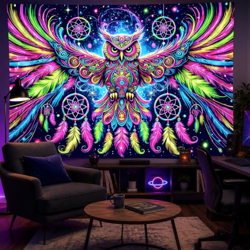Image of BlissYard Owl Tapestry Blacklight Tapestry 79x59 Inch Trippy Wall Hanging | Trippy Decration with Uv Reactive Colors for Bedroom Dorm and Party Walls