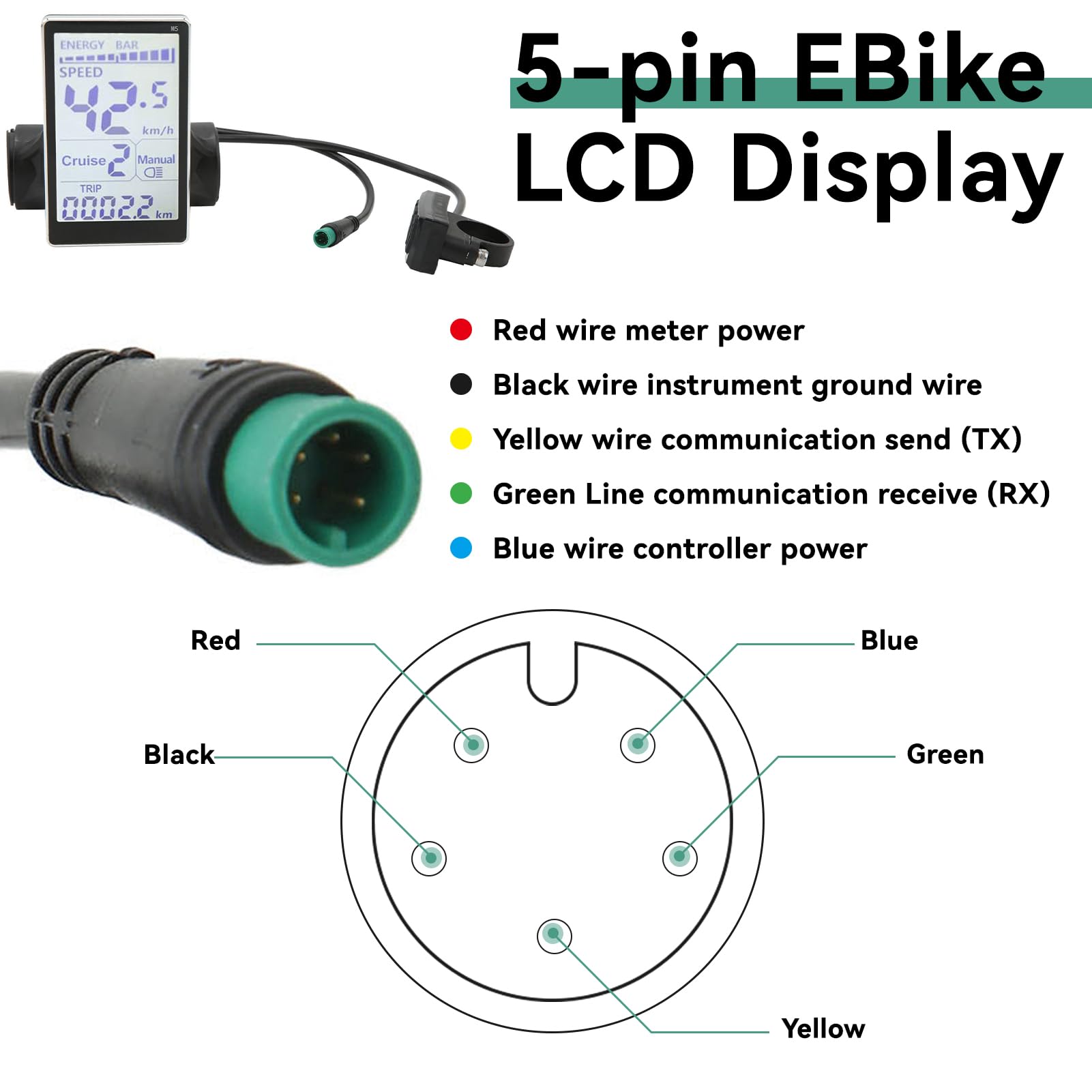 Electric Bicycle LCD Display, 24V 36V 48V 60V Universal E Scooter M5 E Bike Display Meter Control Panel Waterproof 5 Pin Electric Scooter Panel Screen for 31.8 22.2mm Electric Bikes