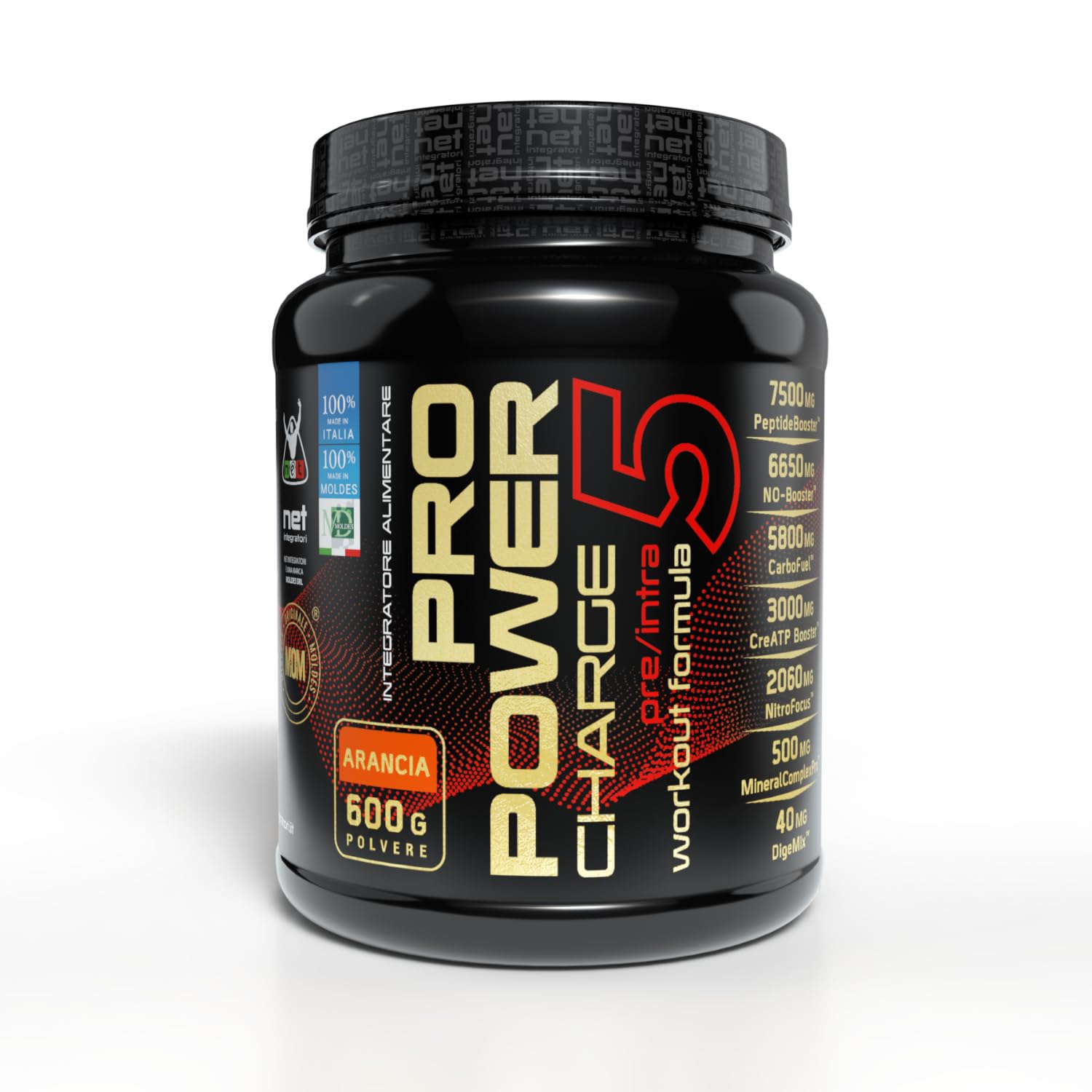Net Integratori PRO POWER CHARGE 5 – Gusto Arancia 600g – Integratore Pre e Intra Workout con Aminoacidi Creatina e Carboidrati a rilascio differenziato e Vitamine B3 e B5 (Quali®-B)