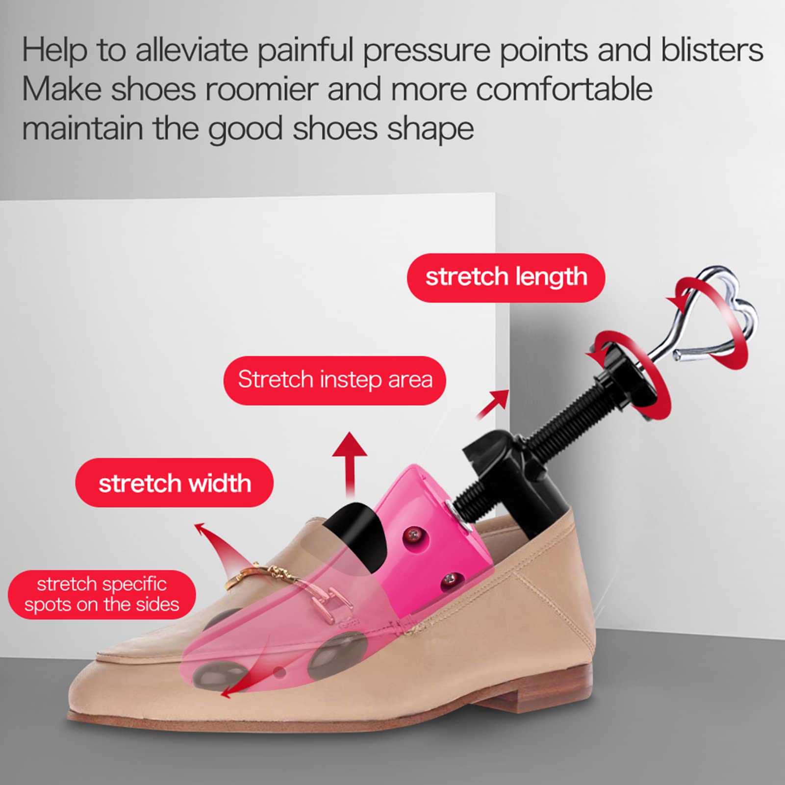 LANNEY Estirador de zapatos para mujeres y hombres, pies anchos, expansor de zapatos de alta calidad, ancho de longitud elástica, Rosa neón, S for Women US Size5.5-10