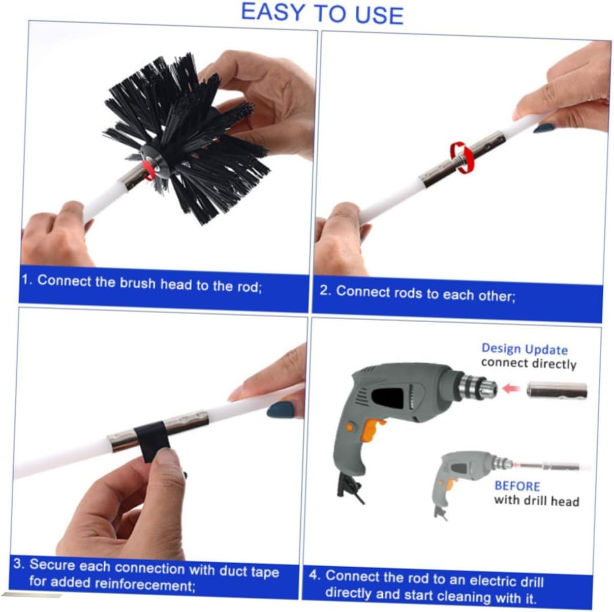 Flexible Chimney Cleaning Brush Kit 610mm 4-Rod Dryer Vent Brush with Nylon Head for Fireplace and Duct Cleaning Household Lint Remover Tool Set