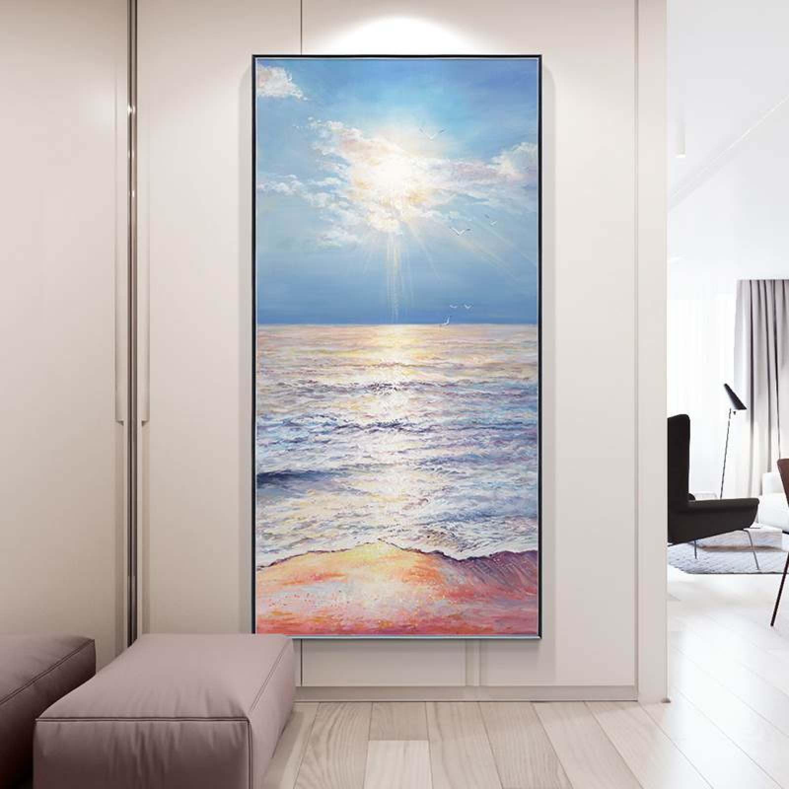 Peinture à l'huile lever de soleil faite main sur toile de lin salon