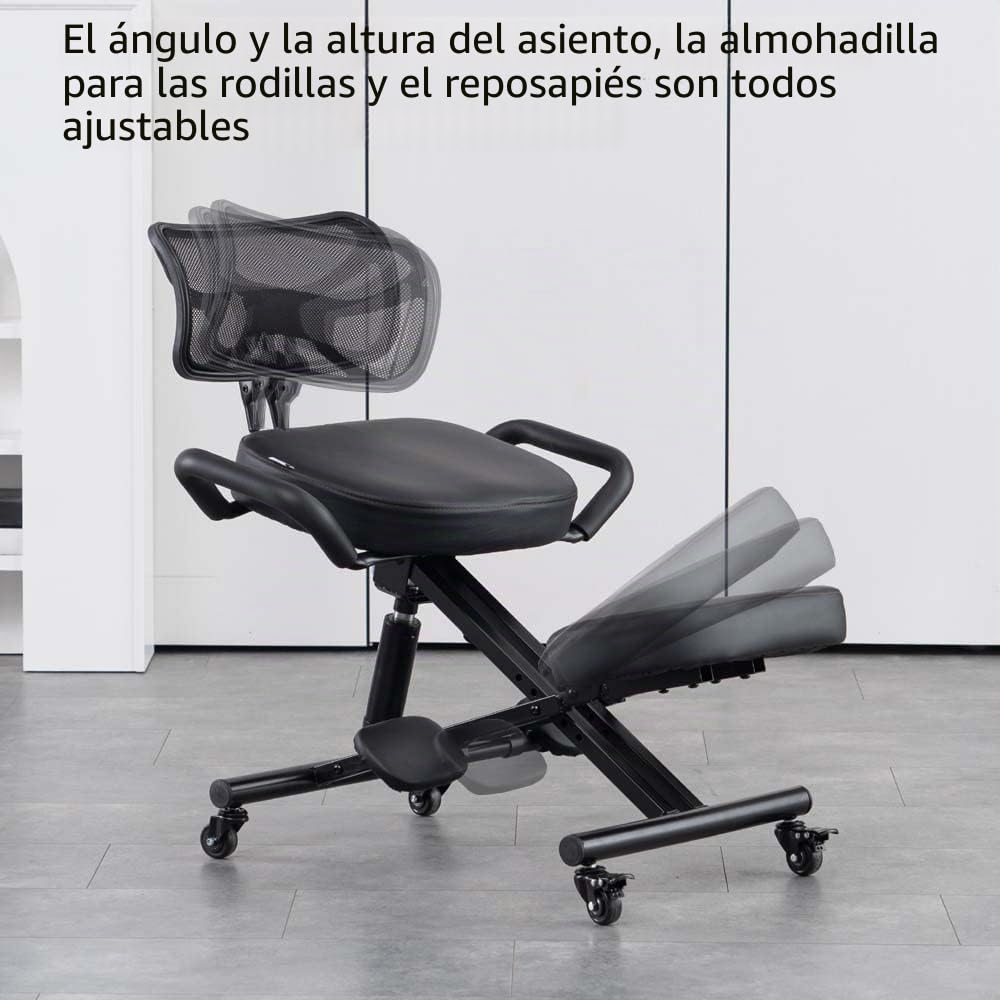 Silla de rodillas con respaldo ergonómica para oficina, taburete ajustable con asiento en ángulo para una mejor postura, cojines gruesos y cómodos, color negro