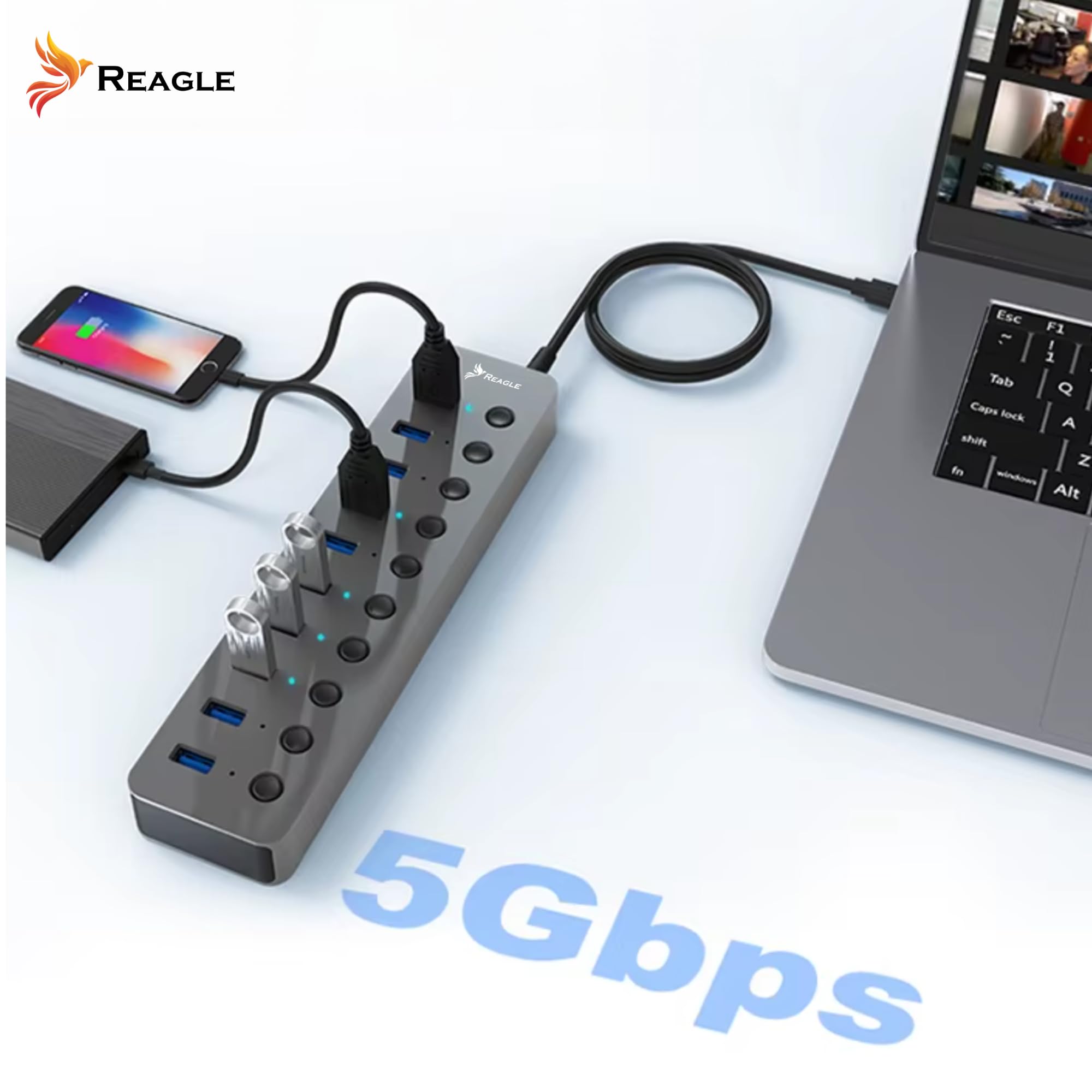 Reagle HUB 10IN1 USB 3.2 Gen 1 Hub mit 10 Ports 10 Daten, 5 Gbps Datenübertragung, 36W Netzteil, Einzelschalter pro Port, Plug & Play, LED-Anzeigen, Aluminiumgehäuse