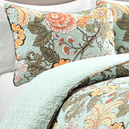 Image of Lush Decor Sydney Reversible Cotton Quilt Set, 3 Piece Set, King, Blue & Green - Cotton Bedding Set - Blue Floral Quilt - Cottage Decor - Bedding King Size