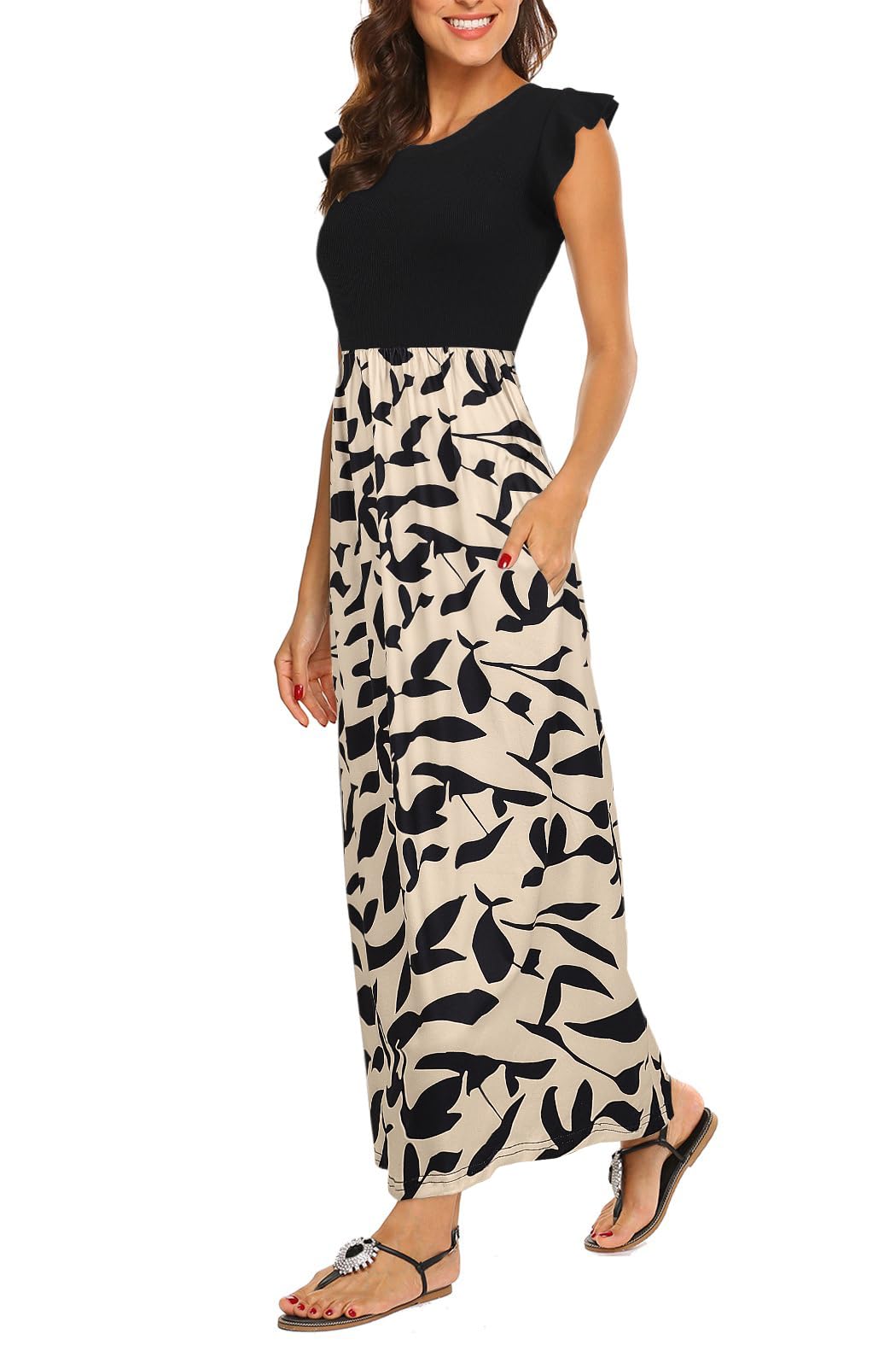 BDTECAOR Maxikleid Damen Sommer Boho Ärmellos Strandkleider Lässige Lange Tank Kleid mit Taschen