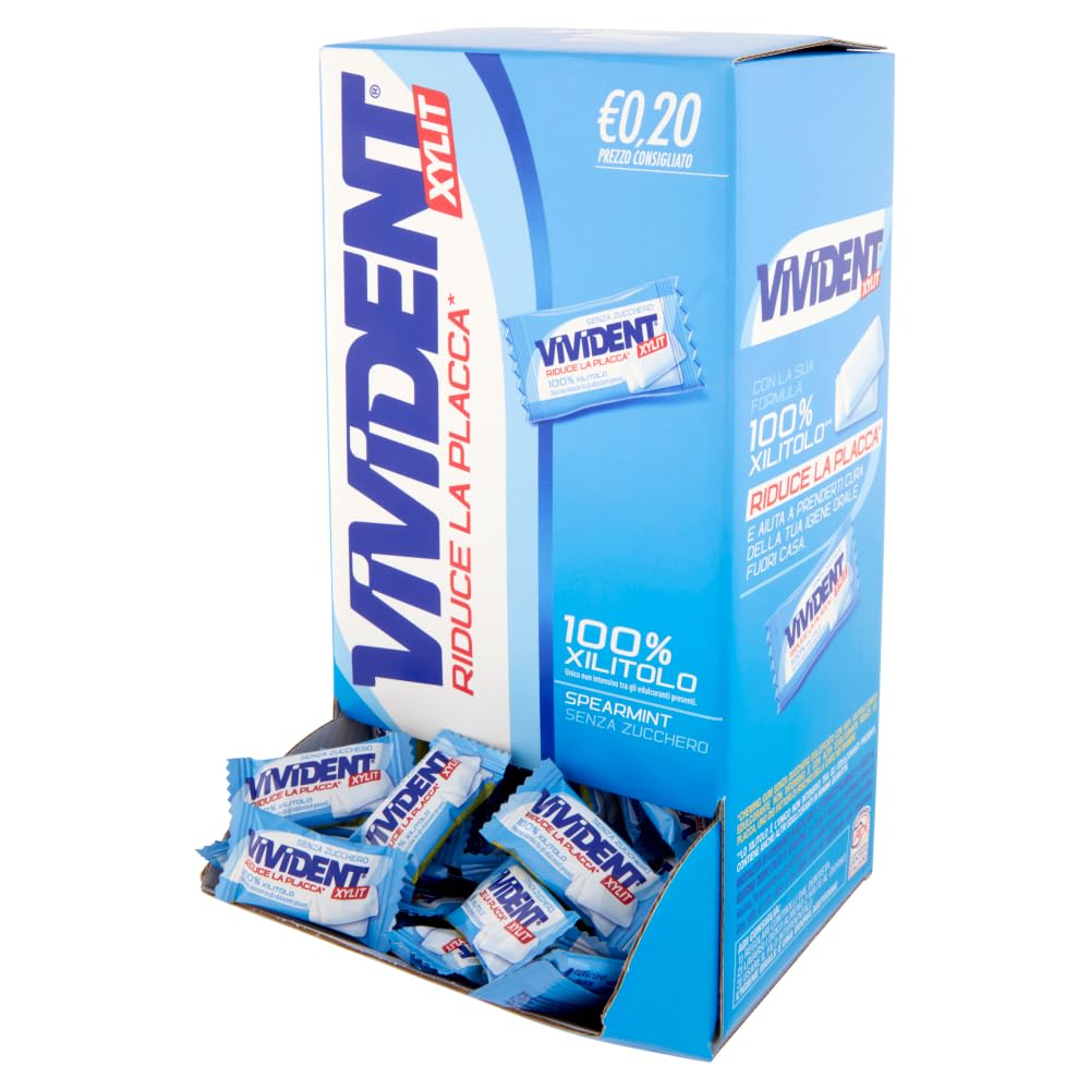Vivident Xylit, Chewing Gum, Gusto Menta, Senza Zucchero, Senza Glutine, Confezione da 200 Gomme da Masticare Ripiene Monoporzione, Incartate Singolarmente,da Condividere, Feste, Compleanni