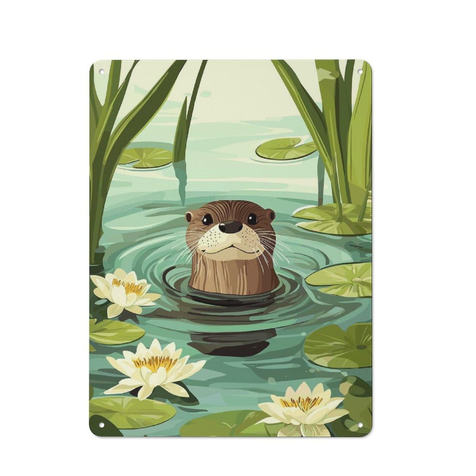 Metal Wall Sign 40x30cm Featuring Cute Otter in Water Lily Pond for Garage Or Workshop, Suited to DIY Enthusiasts