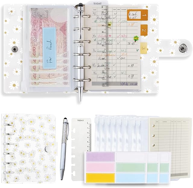 A7 Binder 5.39x4.33" Daily A7 Planner, Transparent with Daisy Binder Notebook, with Binder Wallet x14, Today Bookmark Ruler x1, Accounting Refill Paper x45, Pen x1, Sticker x18, Harphia NPNB-139N-A7