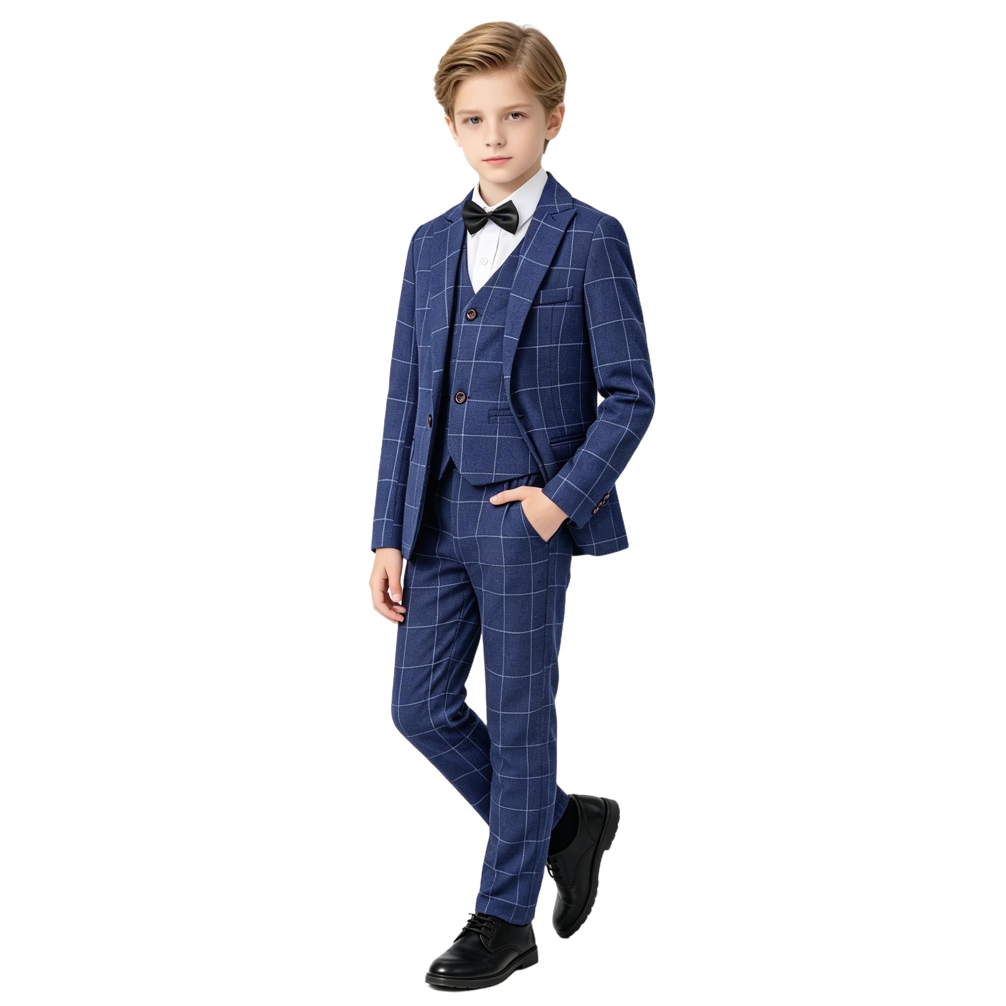 LOLANTA Abito da Cerimonia per Bambino 5 Pezzi, Completo a Quadri per Matrimonio, Compleanno e Ballo, Giacca, Gilet, Pantaloni, Camicia e Papillon
