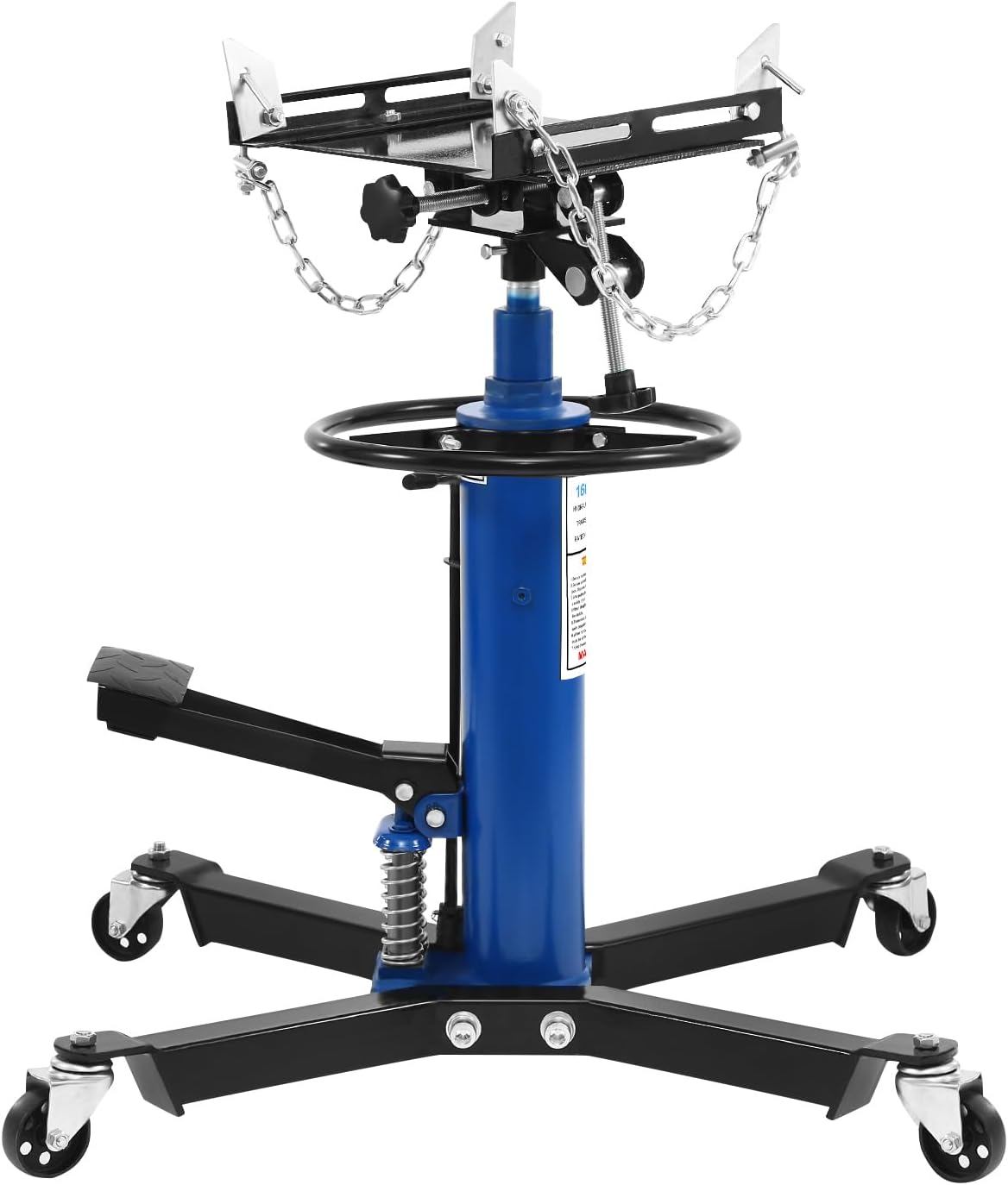 Hydraulic Transmission Jack 1600LBS (0.75 Ton), Heavy Duty High Lift Transmission Jack Hoist with Dual Spring, Adjustable Height 35"–70", 360° Swivel Whee, 30° Tilt Saddle