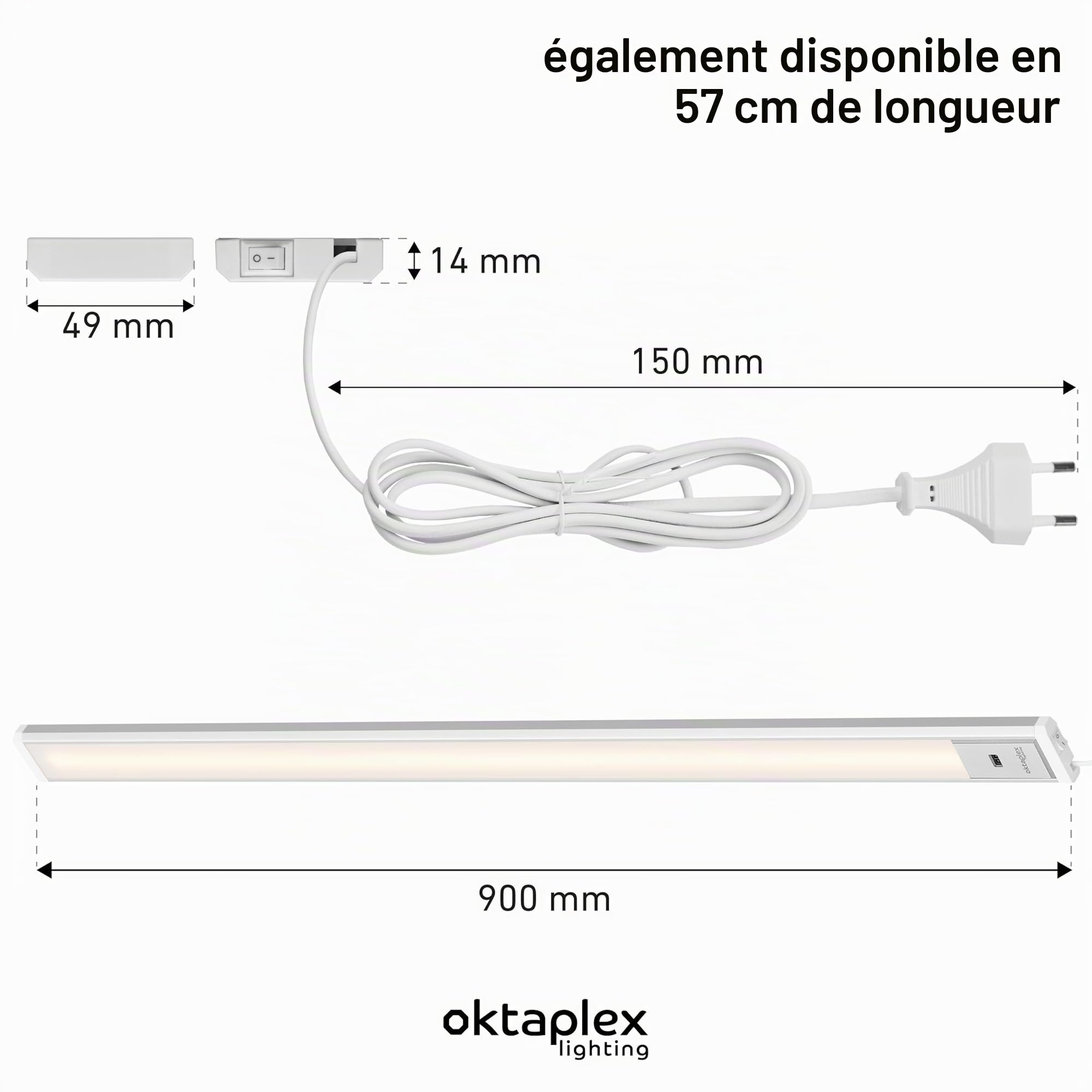 Oktaplex lot de 1 Riva réglette LED cuisine 90 cm avec capteur | 9.9 W avec 760 lm en blanc neutre 4000K sur 230V, aluminium, variation gestuelle