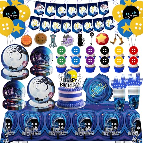 135Pcs Horror Birthday Party Decorations Blue Theme Happy Birthday Party Decorations Including Banner Tablecloth 12 latex Balloons Hanging Swirls Plates Napkins Cups Cupcake Toppers