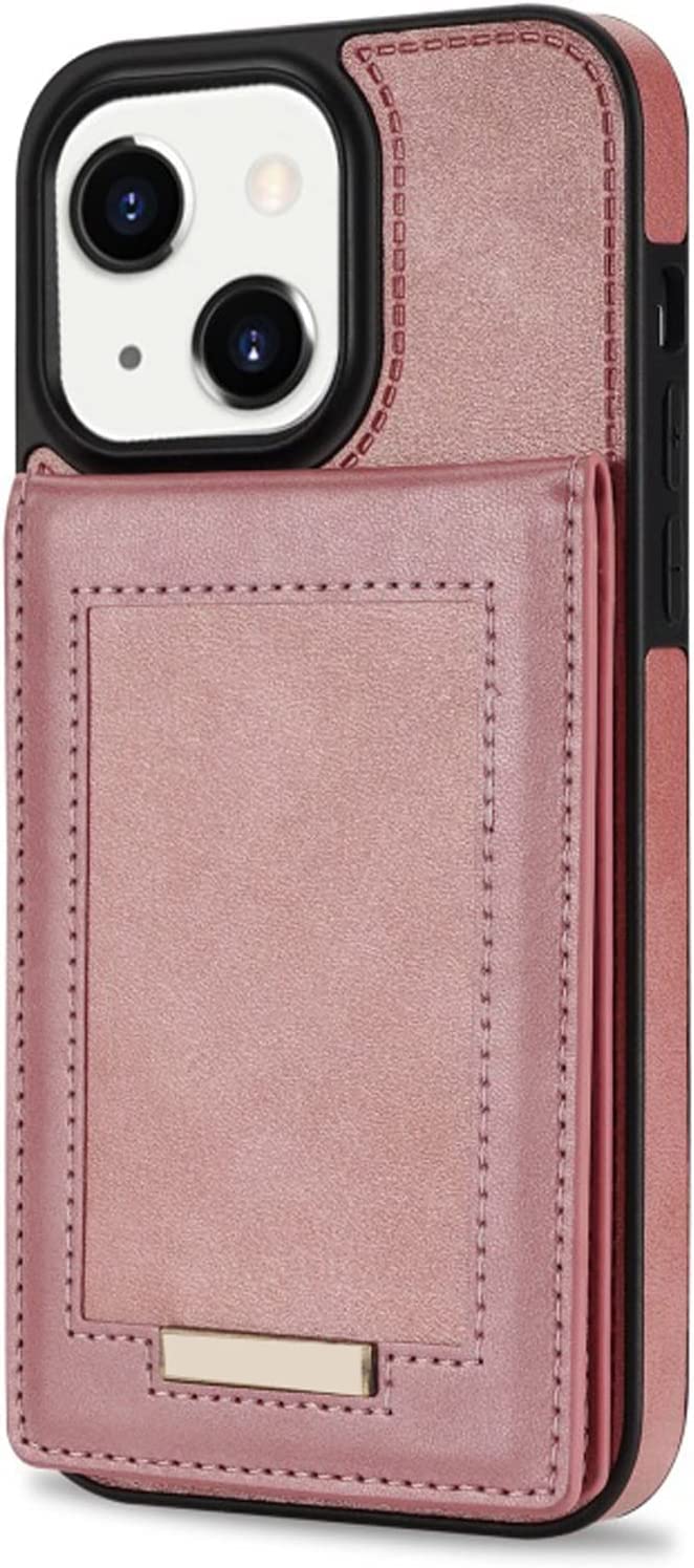 Étui magnétique iPhone 14 avec porte-carte et support antichoc en cuir rose mince