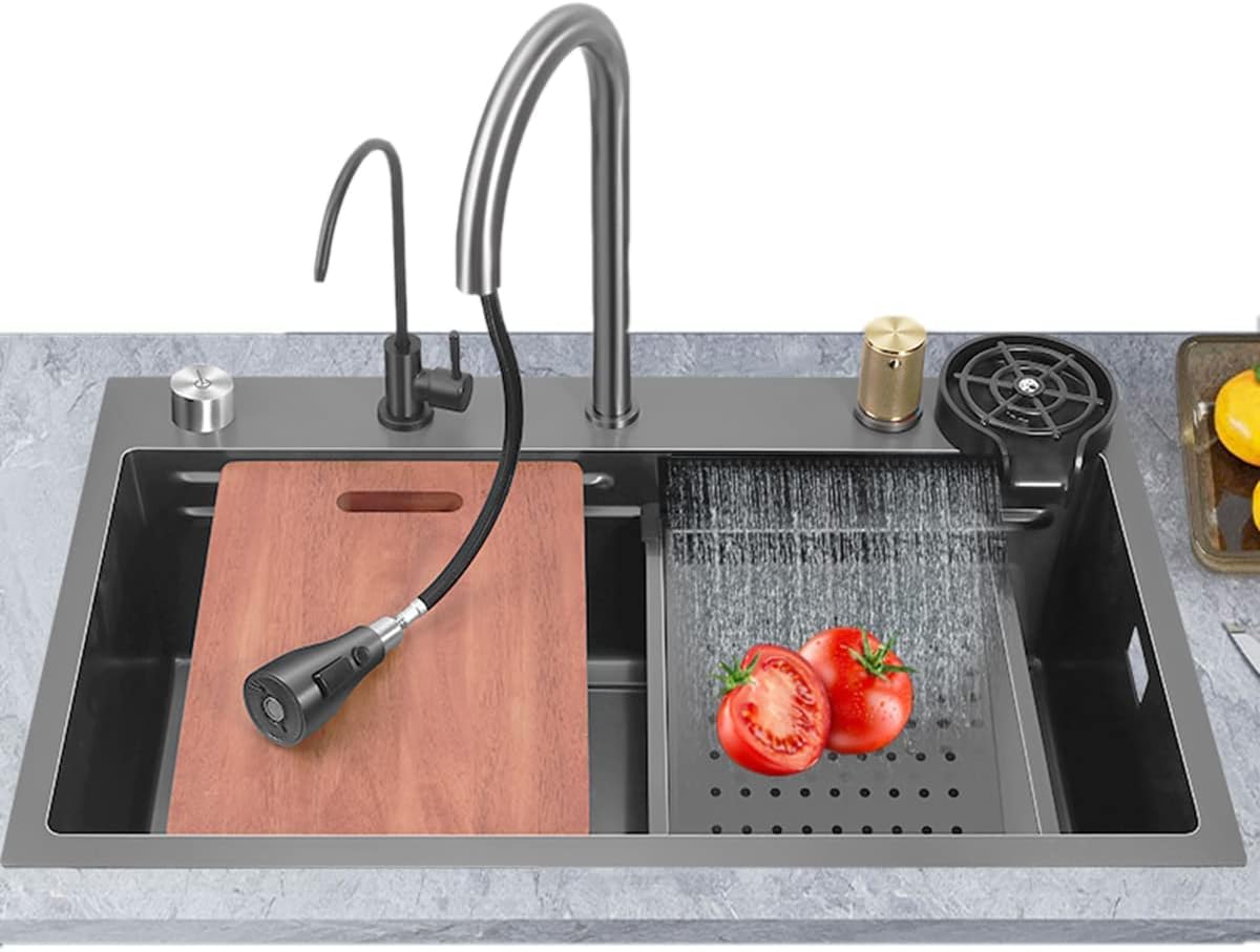 ARQUIN Premium 304 Grade 24" X 18" X 9"Waterfall Kitchen Sink With Integrated Waterfall And Pull Down Faucet, Fruit Basket With Complete Accessories Black Matt Design (B0D8ZRHGTY) Amazon Price History, Amazon Price Tracker