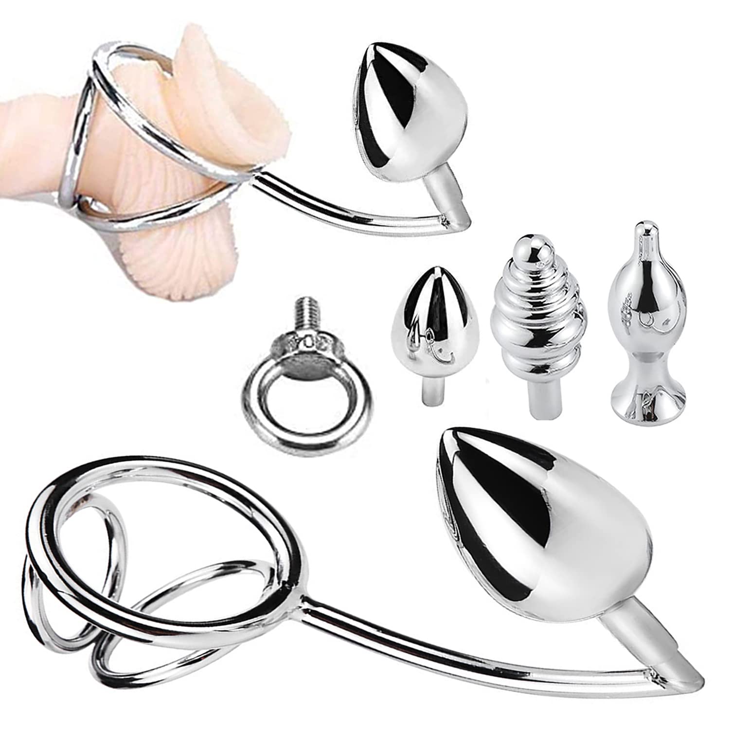 Edelstahl Penisring Doul Hodenring Analhaken Anal Hook Mit 3X Analplug Analkugel Set, SM Bondage Metall Cockring Buttplug Ass Lock Prostata Dilatator Analspielzeug Für Männer Sex Extrem,B/45mm