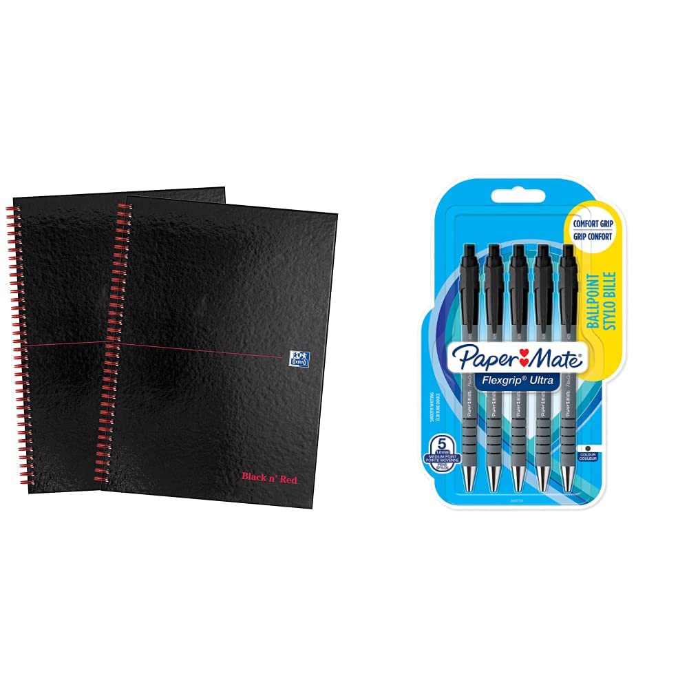 Oxford Black n' RedA4 Notebook Hardcover, Wirebound, Lined, Pack of 2 & Paper Mate Flexgrip Ultra Retractable Ballpoint Pens | Medium Point (1.0mm) | Black | 5 Count