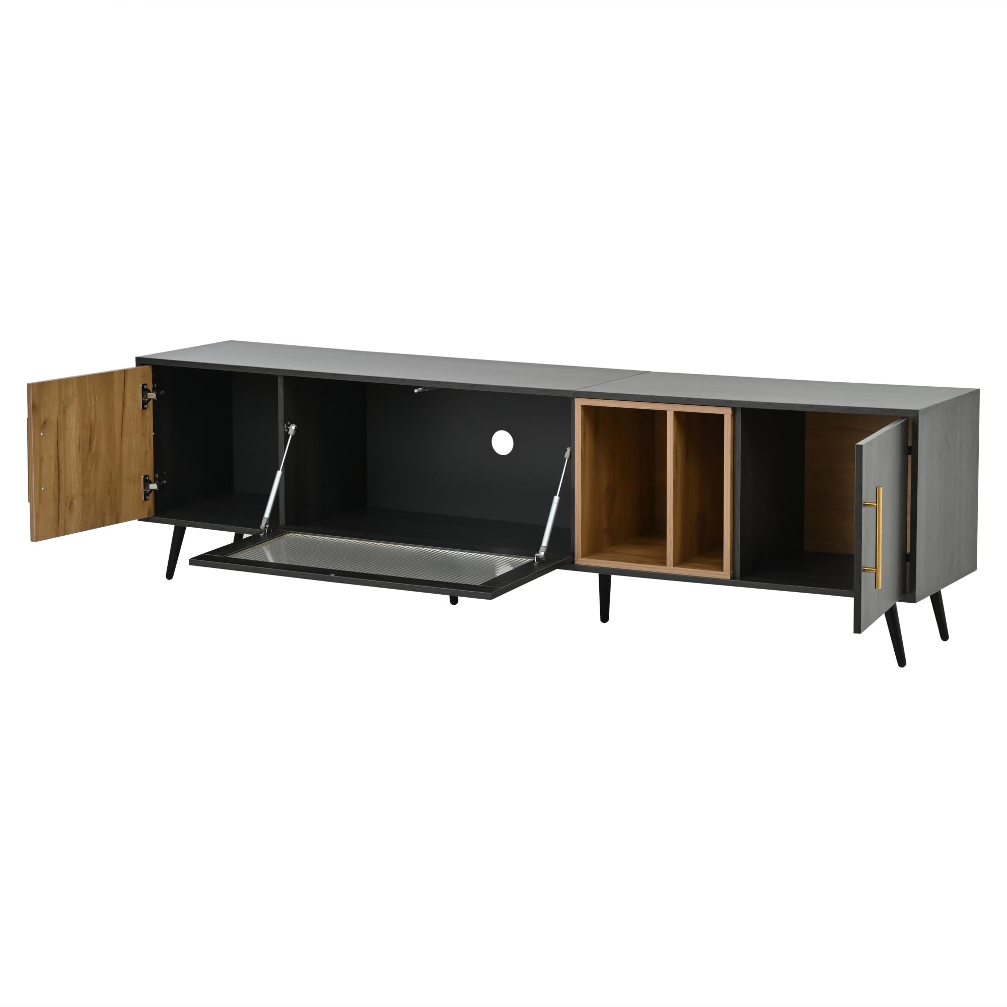 LAKFEW Mueble TV 200cm de hasta 90 Pulgadas, Mueble TV Salon con 3 Puertas, Muebles de Salon con Compartimento de Almacenamiento Abierto, Mueble Television, Muebles Salon, 200x40x55.5 cm, Gris+Marrón