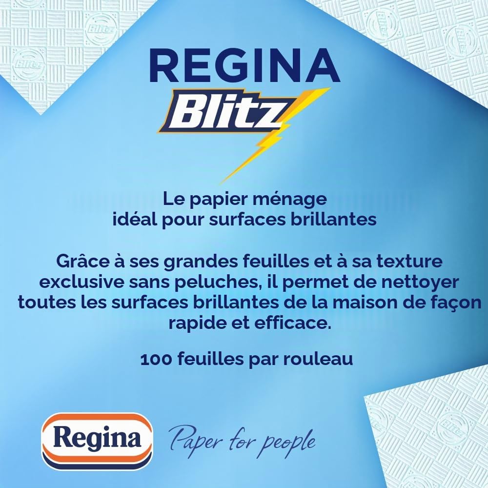 Regina Blitz Lot de 5 rouleaux de papier de cuisine 100 feuilles maxi à 3 couches Idéal pour nettoyer les surfaces domestiques Sans peluches Emballage en papier recyclable
