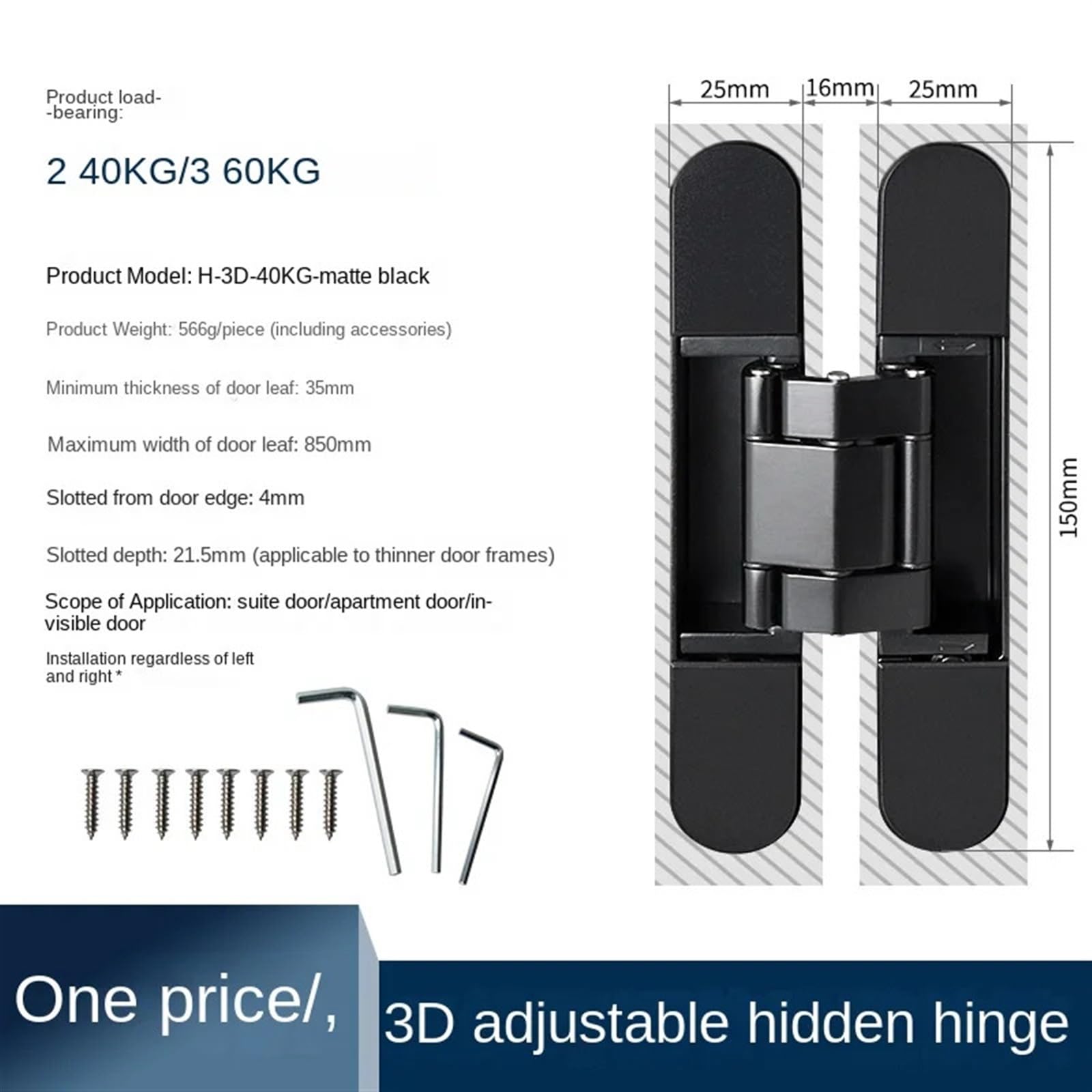 Cerniere Per Ante Cucina Cerniera for porta invisibile for for nascosta tridimensionale Porta in legno a croce regolabile esterna for aperta per Ante Cucina(40KG-black)