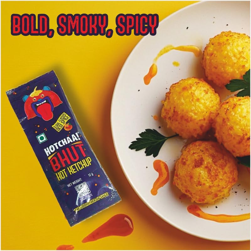 Image of HOTCHAA Bhut Hot Ketchup New Sachet (12g x 1) Single Use | Smoky | Tangy | Bold | Flavourful | With Bhut Jolokia | All-in-1 Ketchup | Vegan | No MSG | No Oil