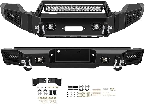 FINDAUTO Rock Crawler - Parachoques delantero y trasero compatible con Ford F250 F350 F450 F550 Super Duty con placa de cabrestante, luces LED de