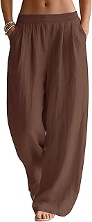 Pantalones de lino para mujer, pierna ancha, palazzo, pantalones fluidos de verano, ropa de playa, vacaciones, cintura elástica, pantalones de viaje con bolsillos